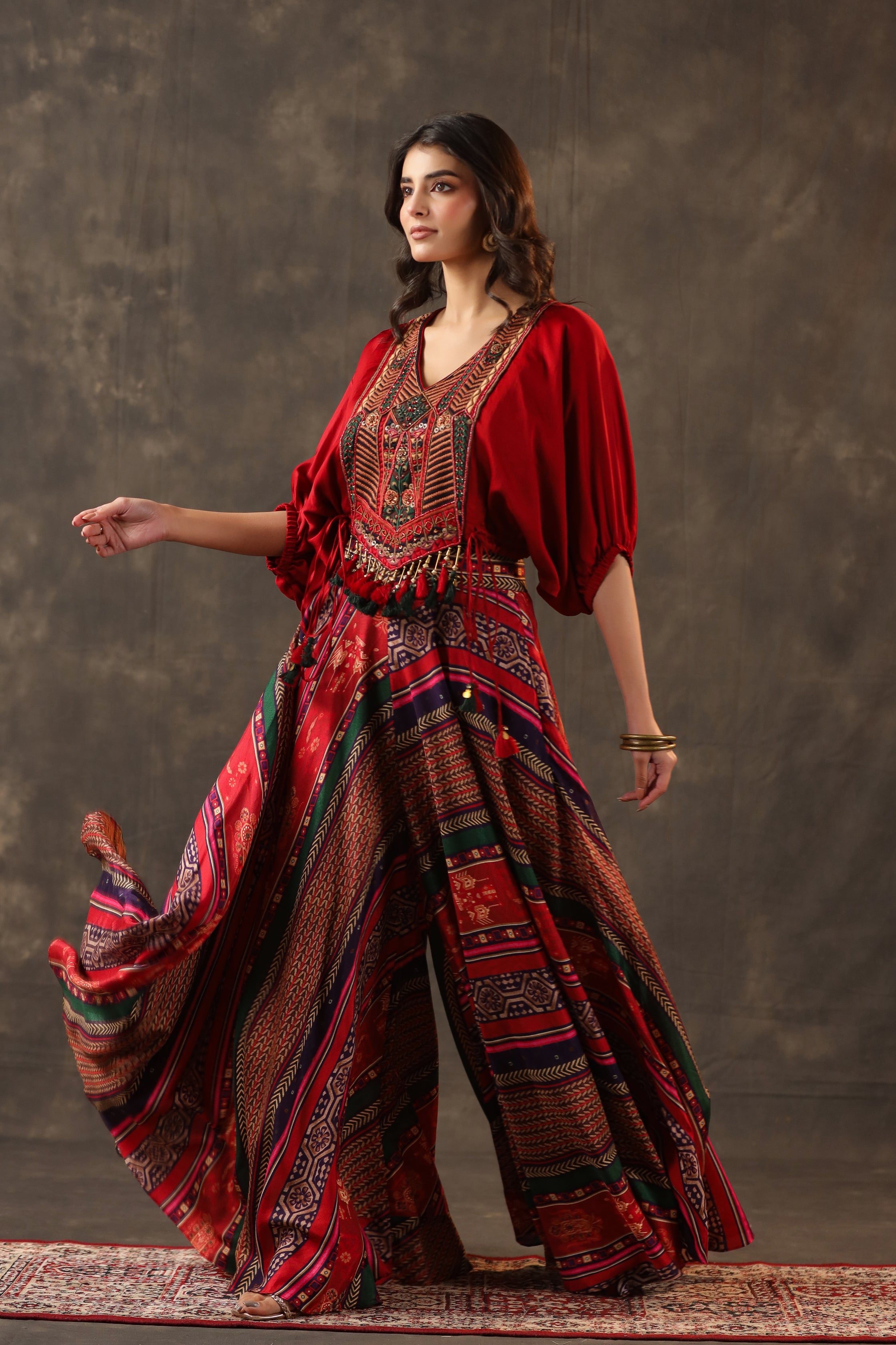 Ruby Red Embellished Crepe Silk Palazzo Set