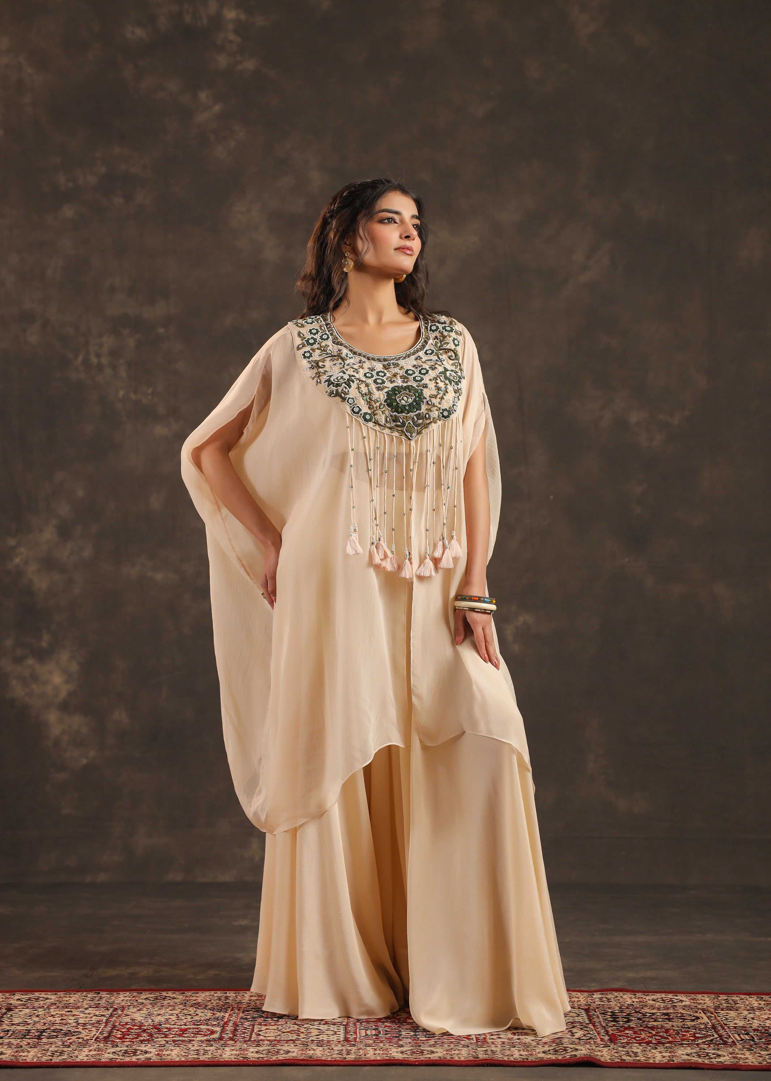 Ivory Allure Embellished Organza Silk Palazzo Set