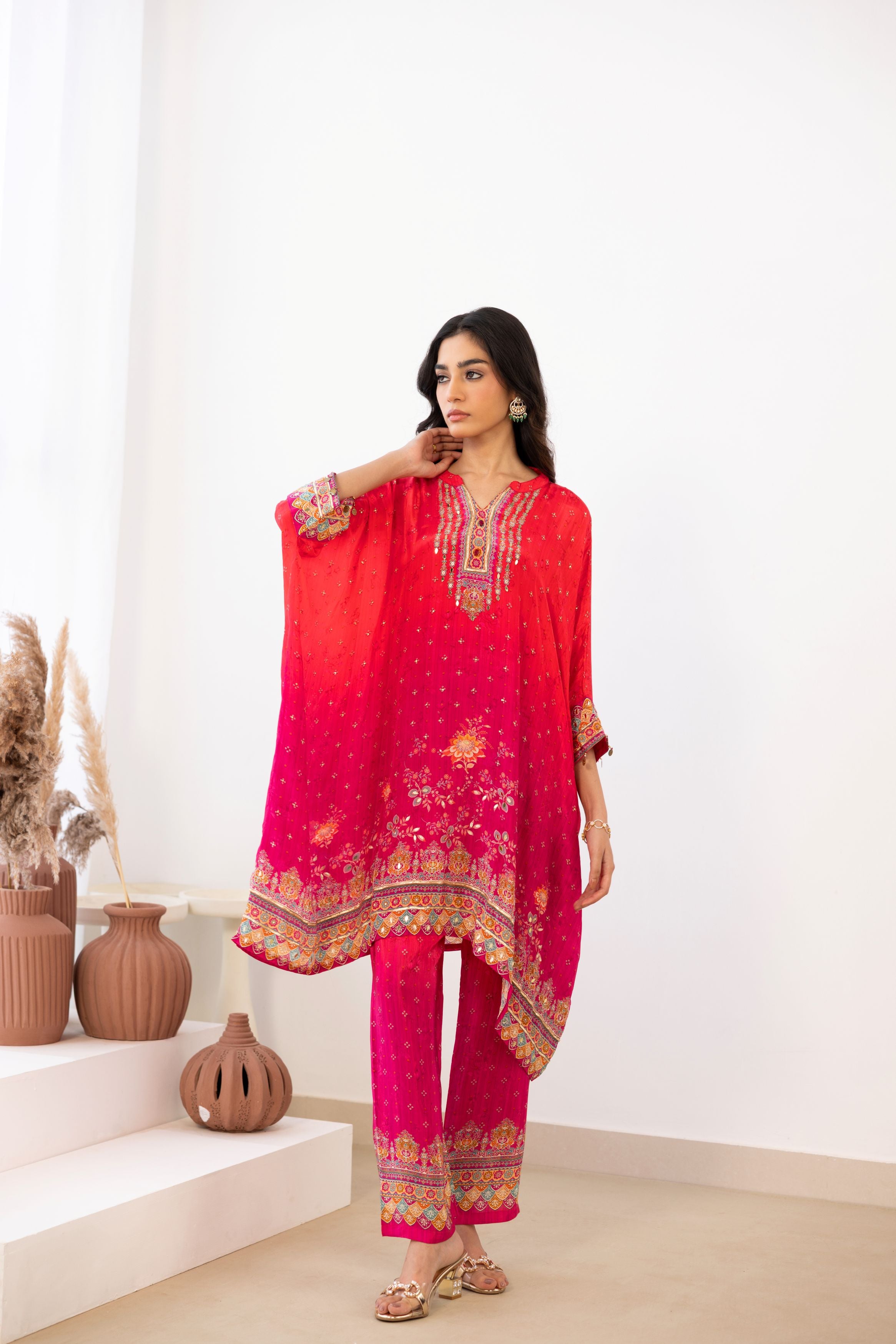 Rani Pink Embellished Crepe Silk Kaftan Set