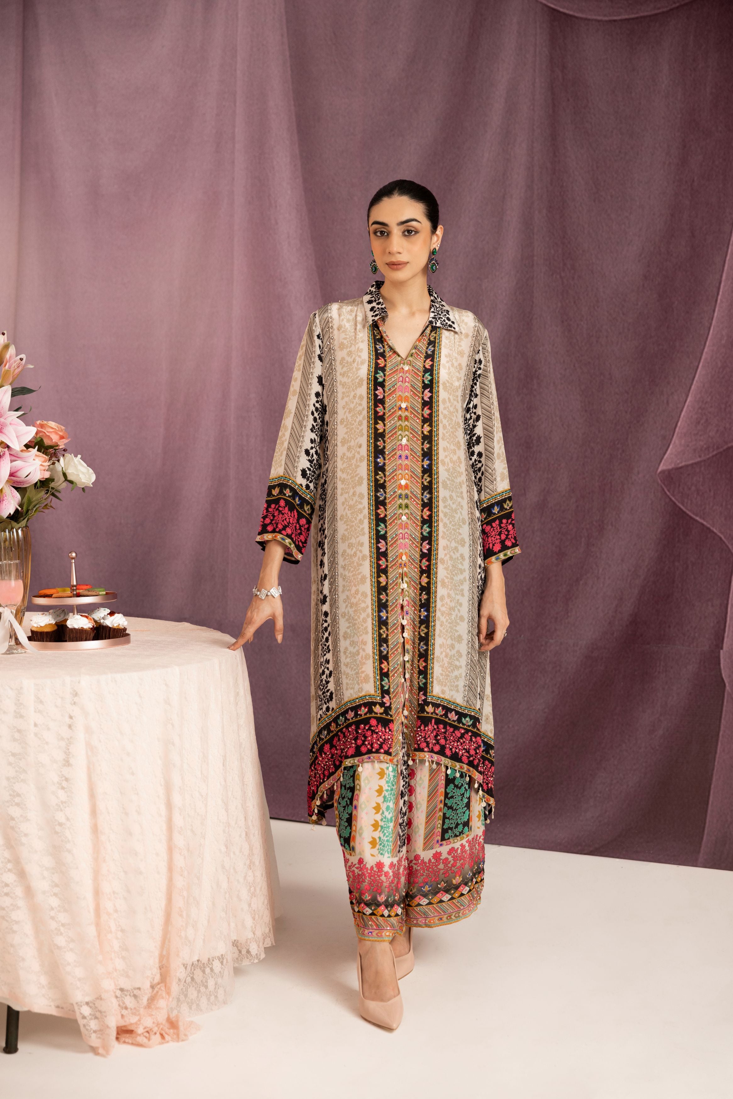 Pearl White Printed Muslin Silk Co-Ord Set