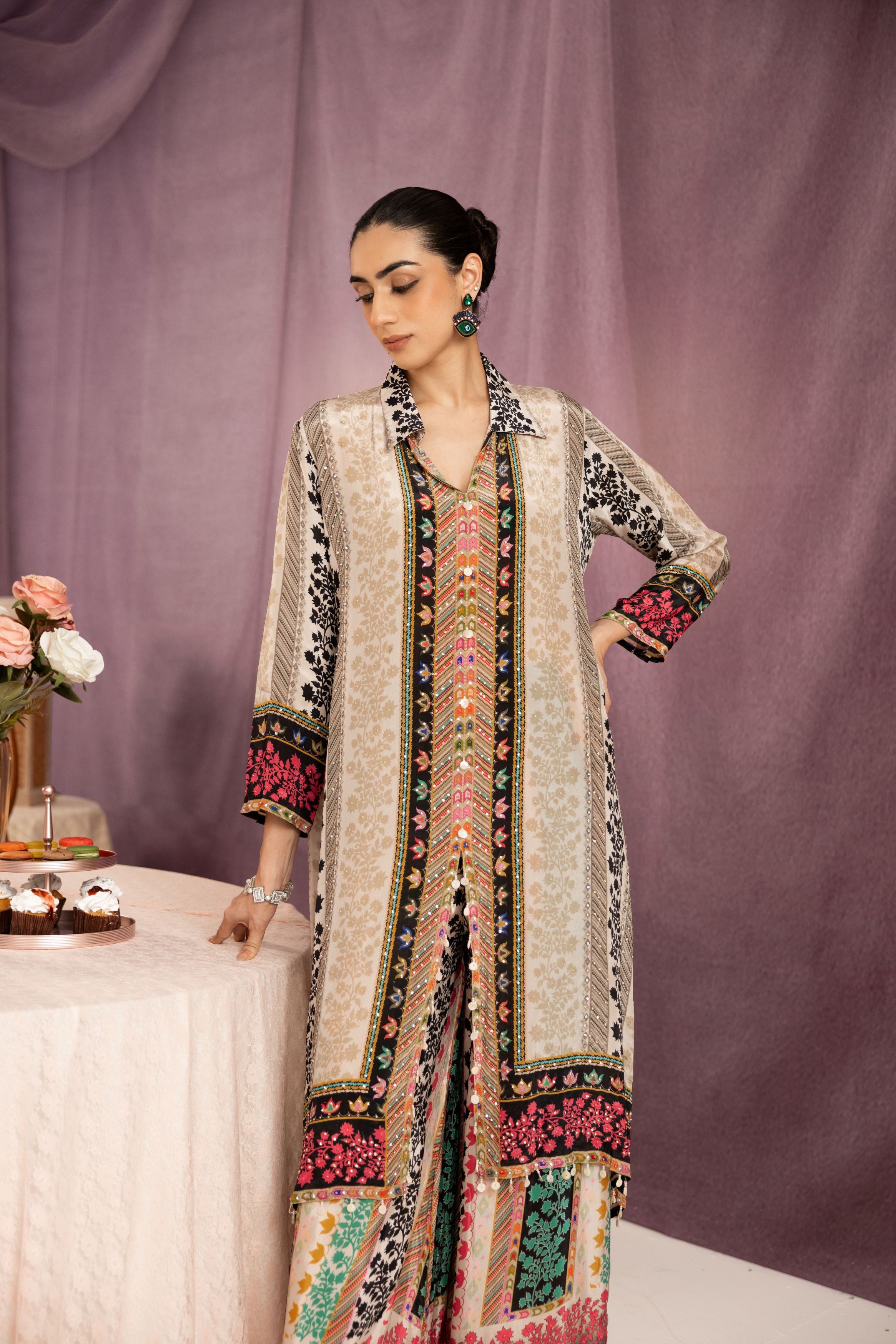 Pearl White Printed Muslin Silk Co-Ord Set