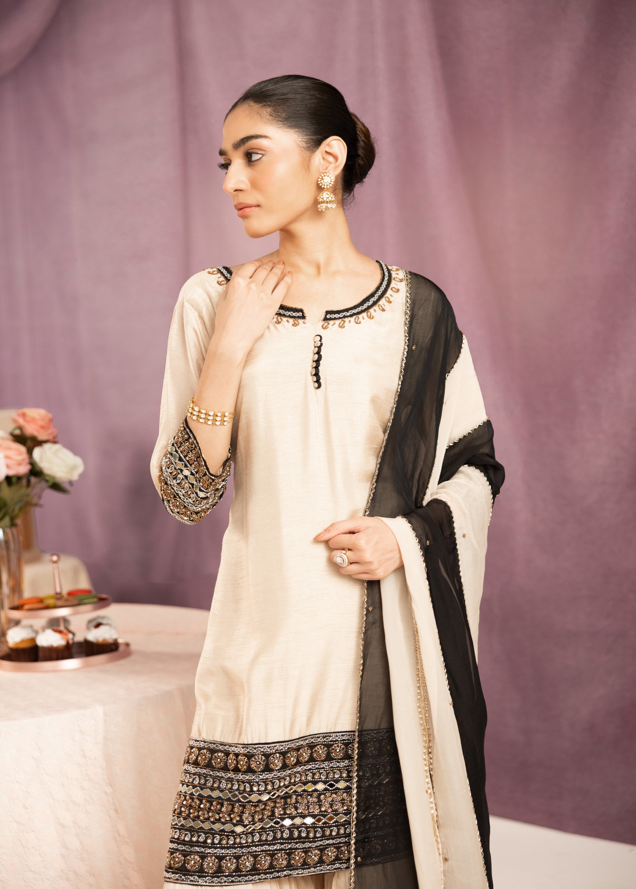 Ivory White Embellished Raw Silk Sharara Set