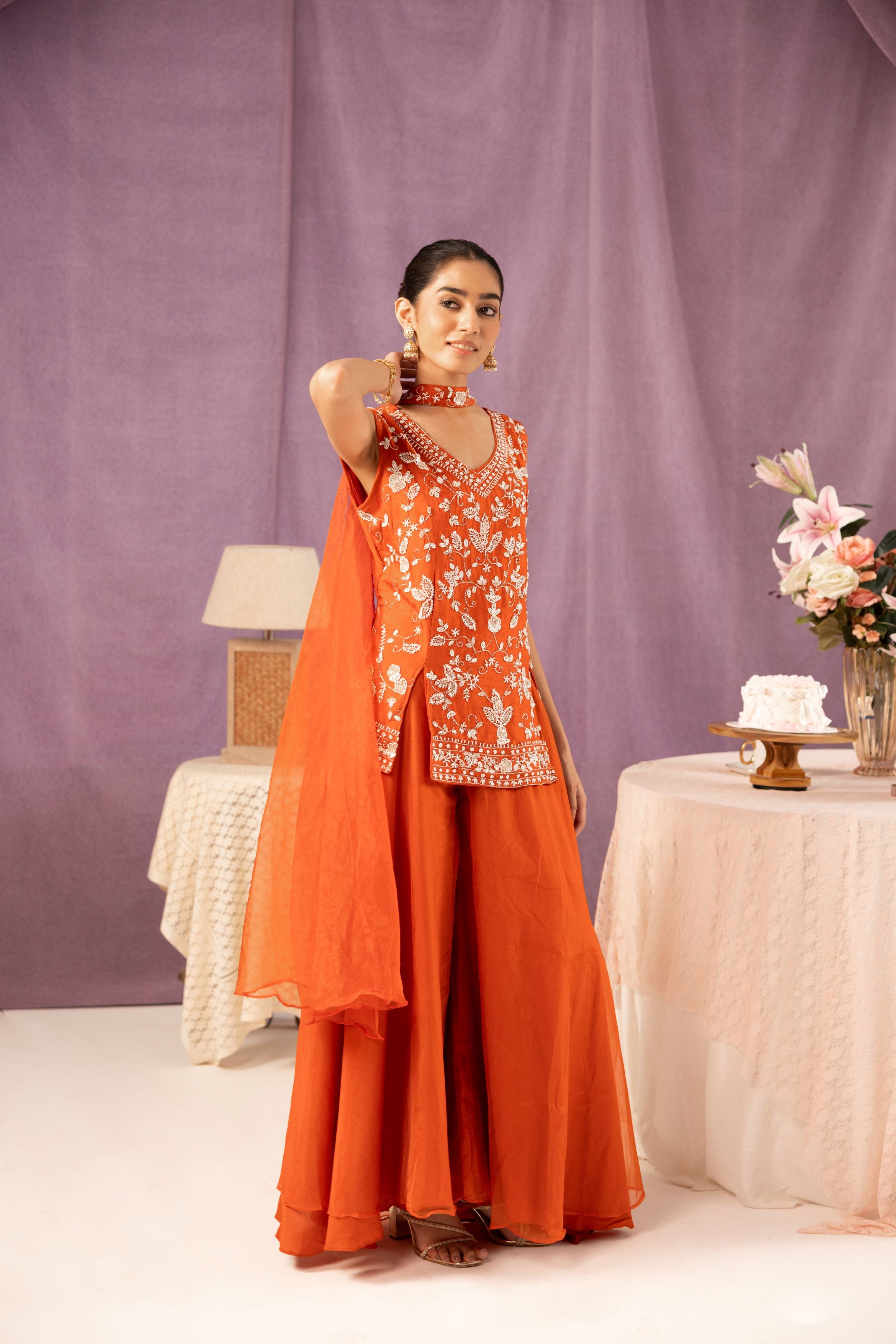 Bright Orange Embellished Organza Silk Palazzo Set