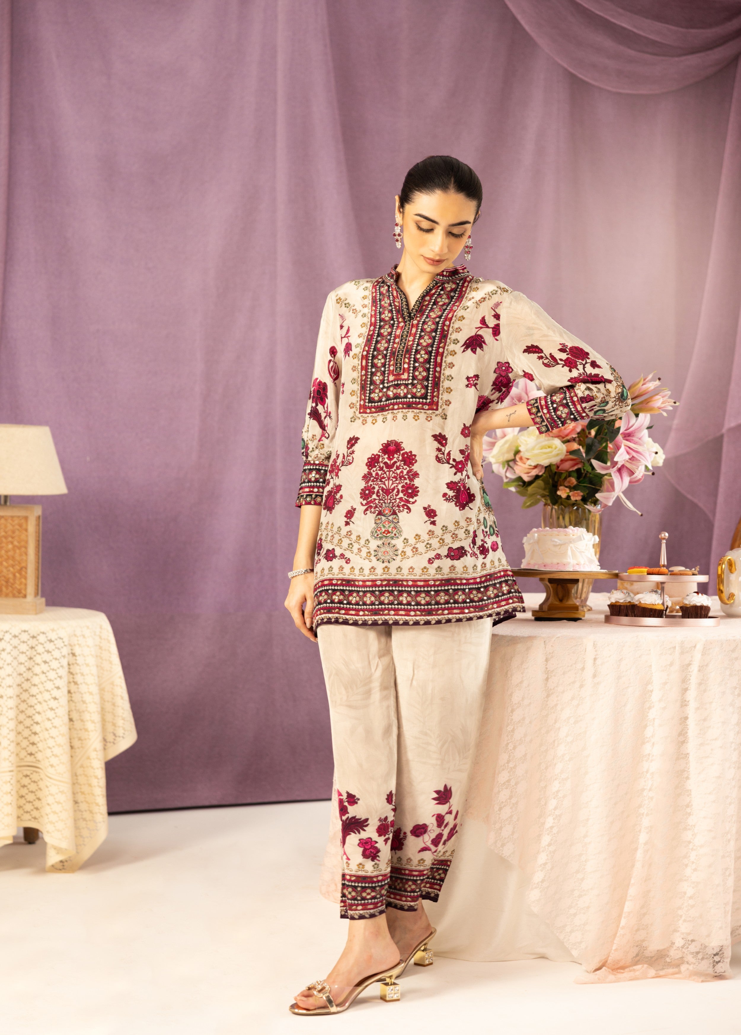 Champagne Ivory Printed Muslin Silk Co-Ord Set