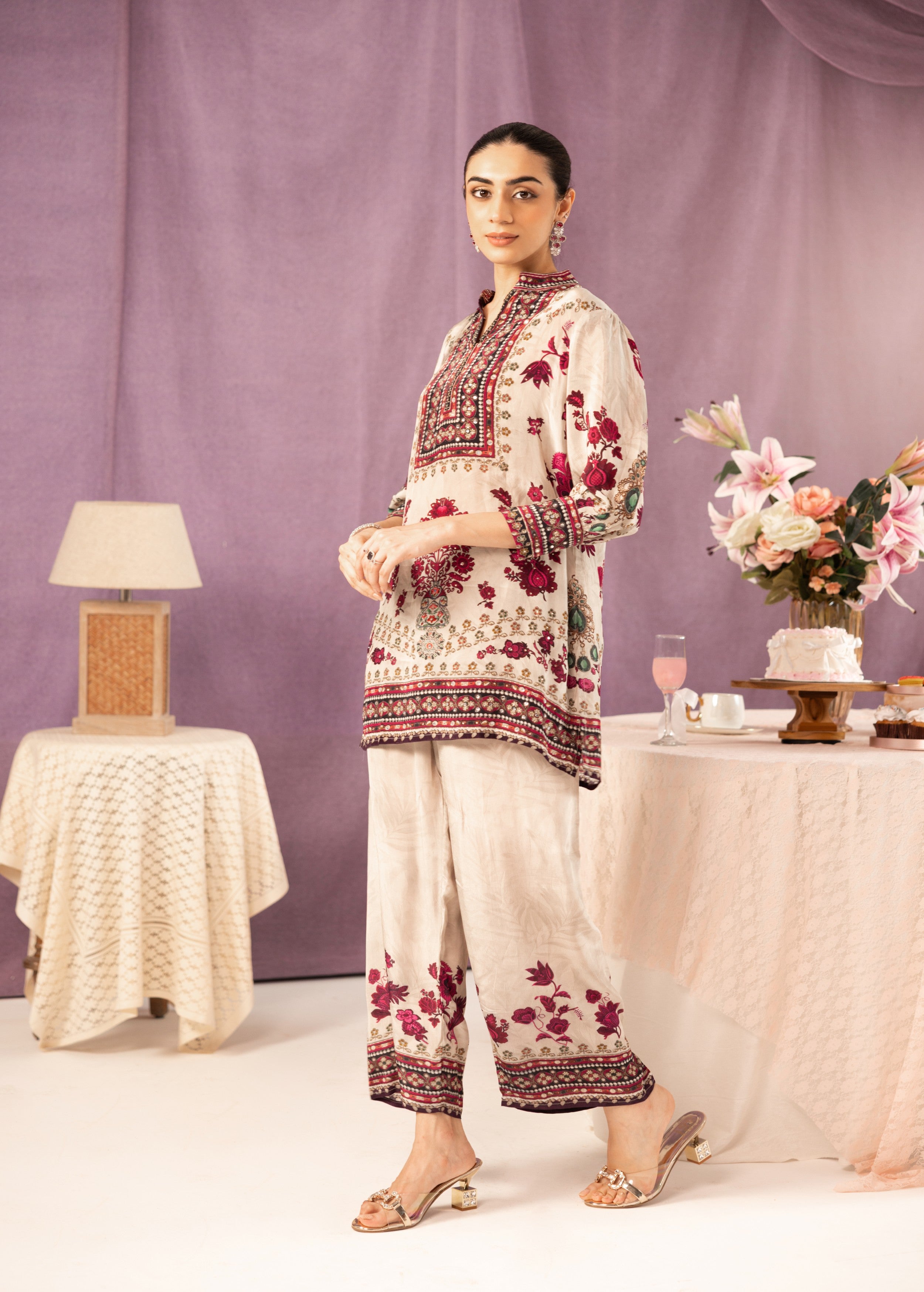 Champagne Ivory Printed Muslin Silk Co-Ord Set