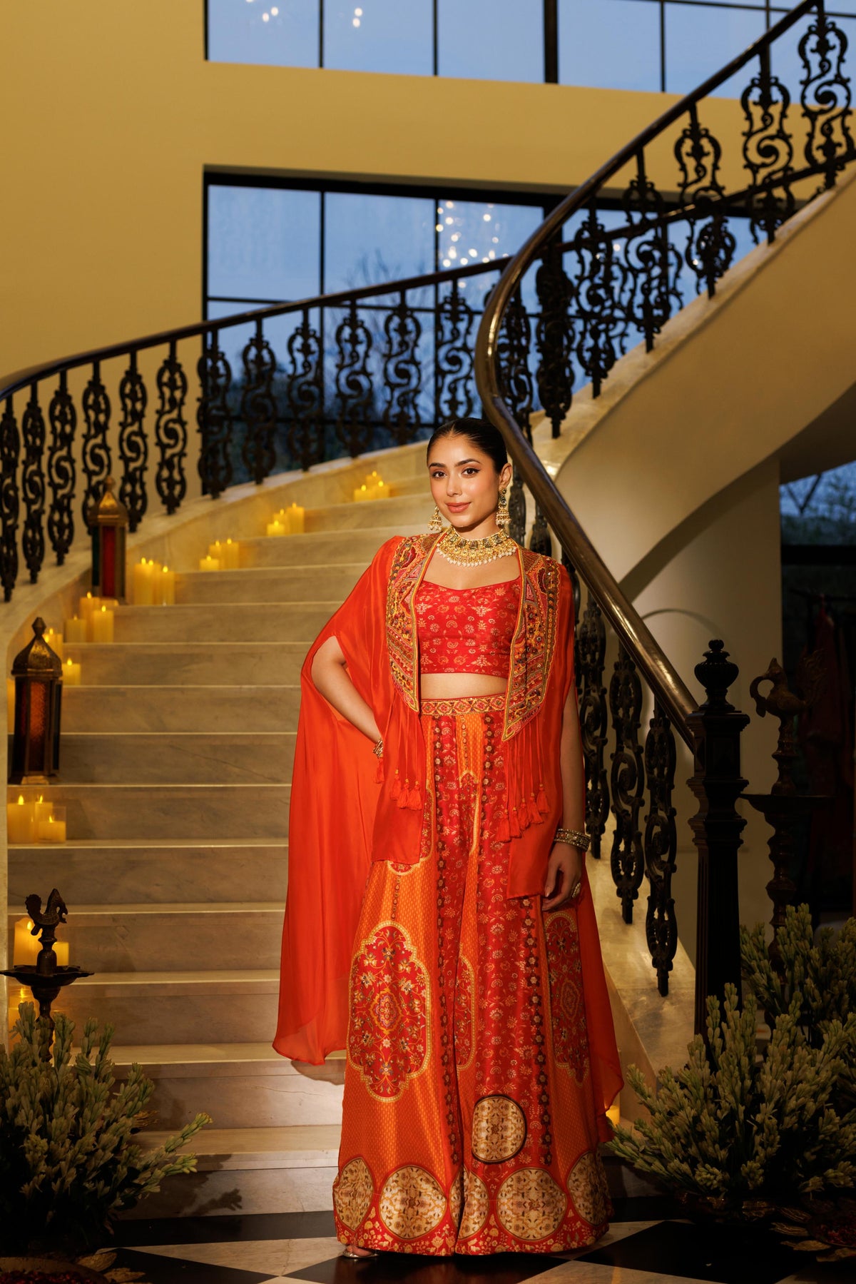 Sunset Orange Embellished Organza Silk Palazzo Set