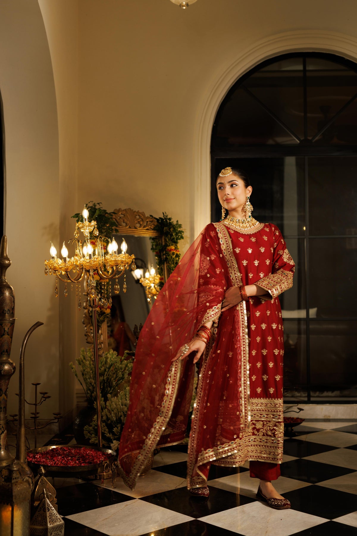 Deep Red Embellished Shimmer Silk Pant Set