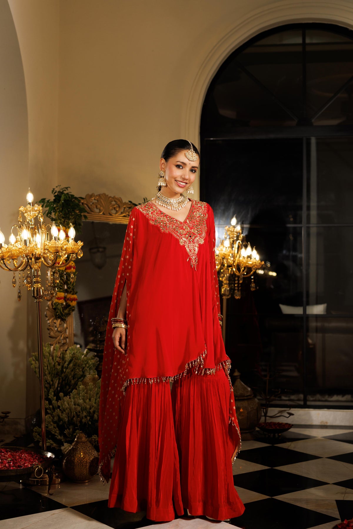 Vibrant Rasperry Embellished Crepe Silk Sharara Set