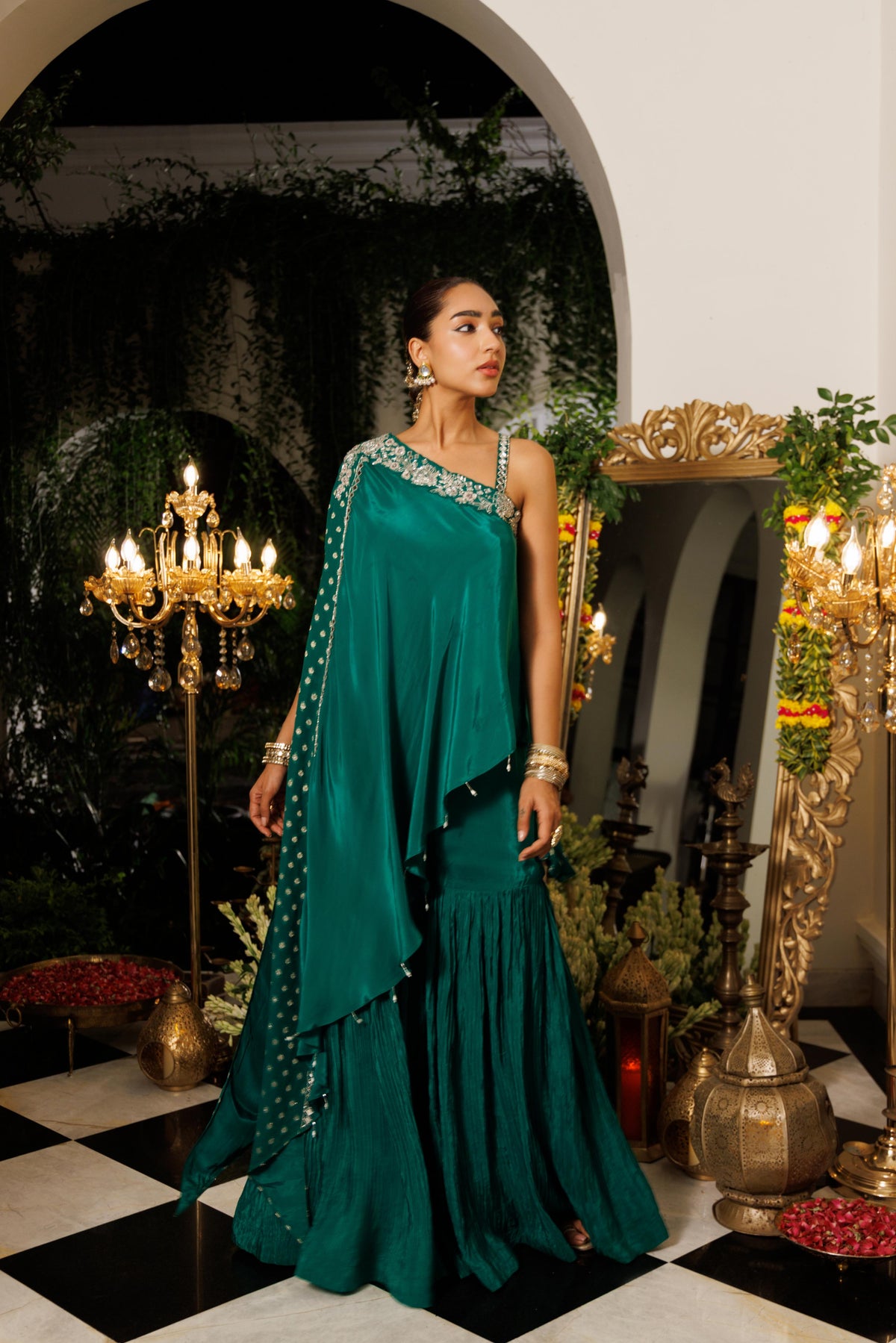 Deep Green Embellished Crepe Silk Sharara Set