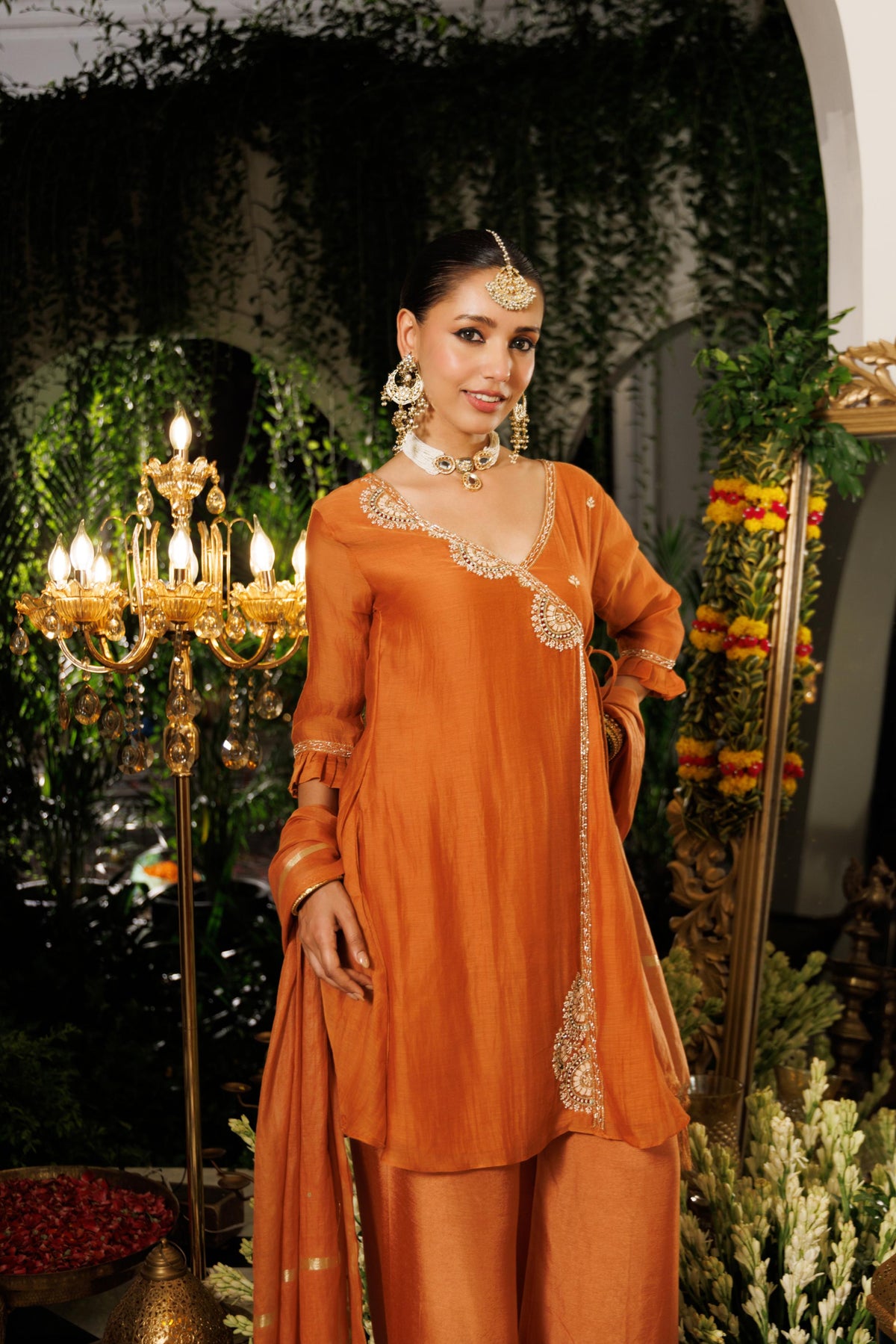 Burnt Orange Embellished Mul-Chanderi Silk Palazzo Set