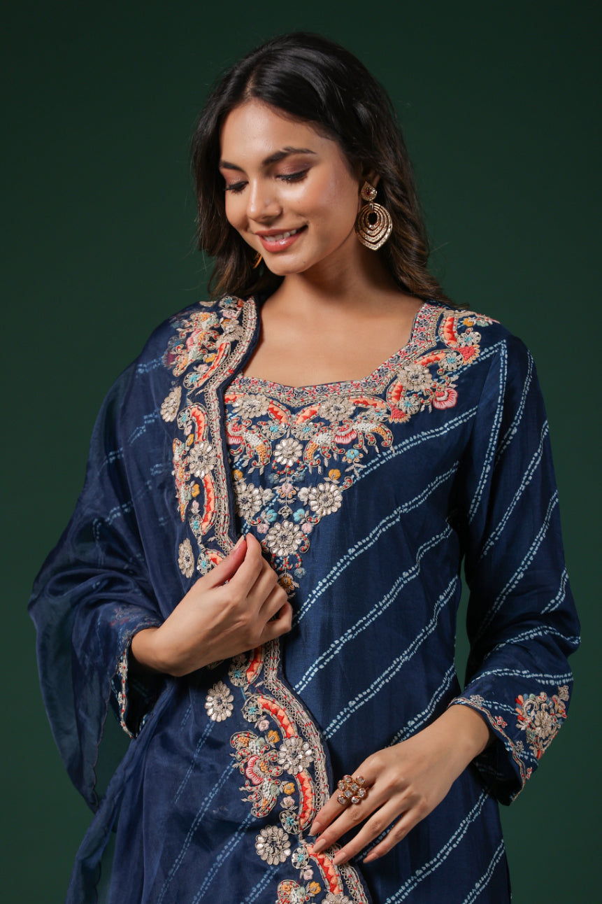 Deep Blue Embellished Habutai Silk Pants Set