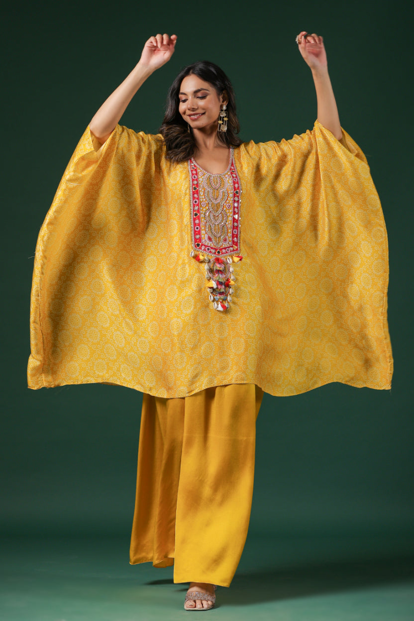 Yellow Embroidered Habutai Silk Kaftan Palazzo Set