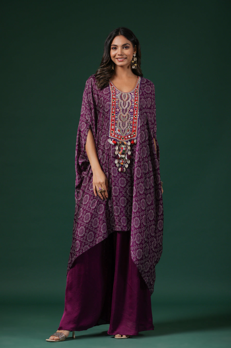 Purple Embroidered Habutai Silk Kaftan Palazzo Set