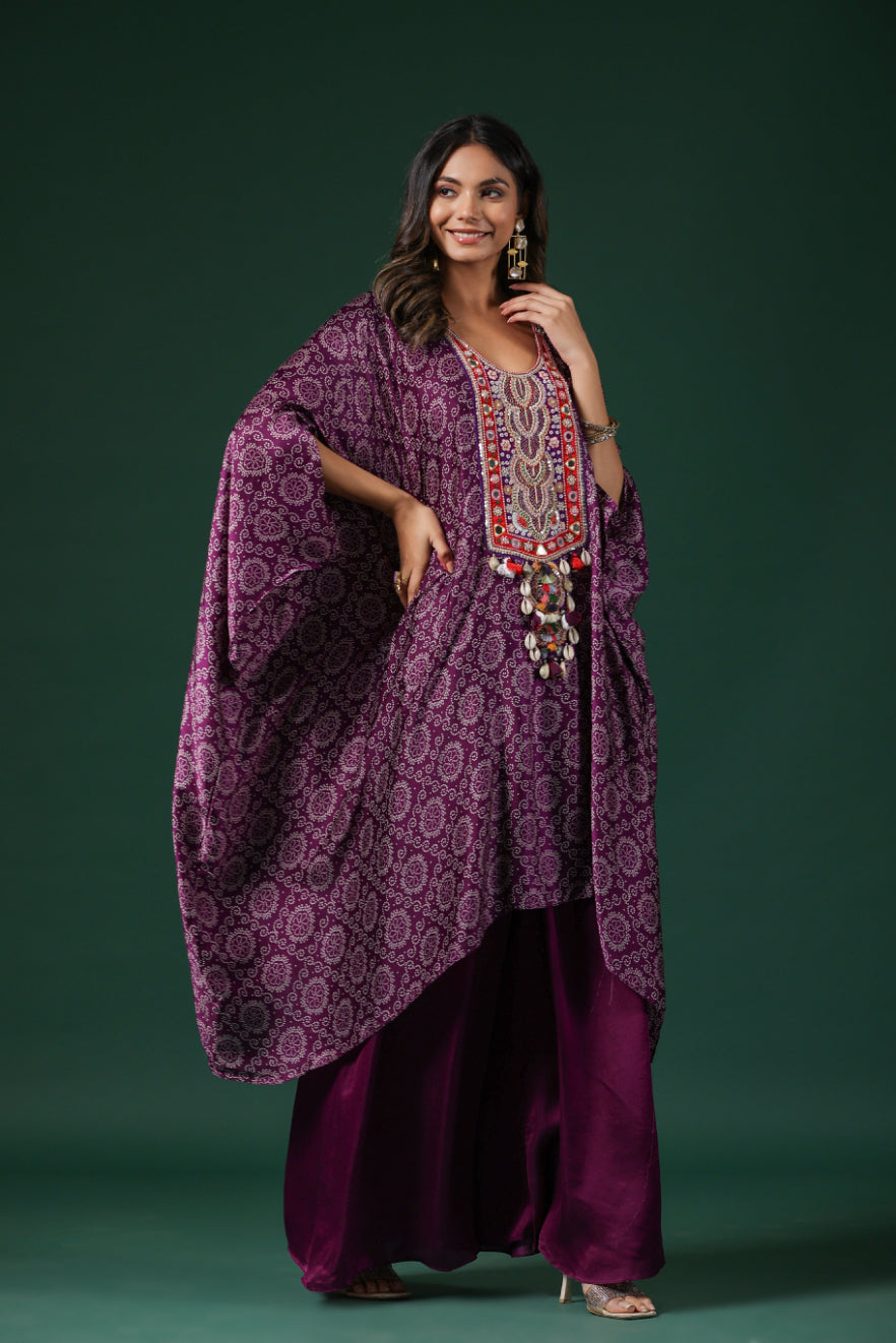 Purple Embroidered Habutai Silk Kaftan Palazzo Set