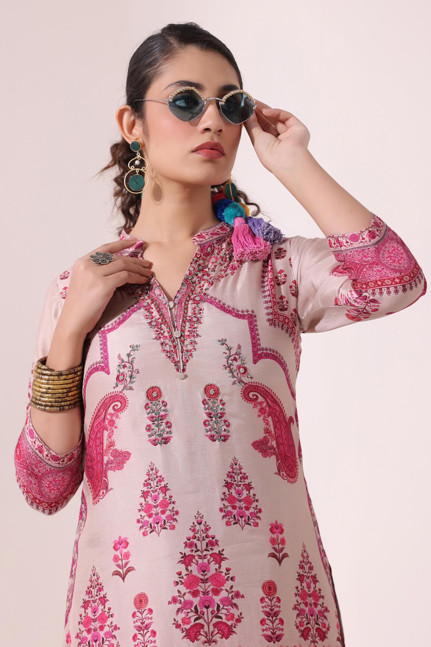 Misty Rose Pink Traditional Printed Dola Silk Patiala Salwar Set
