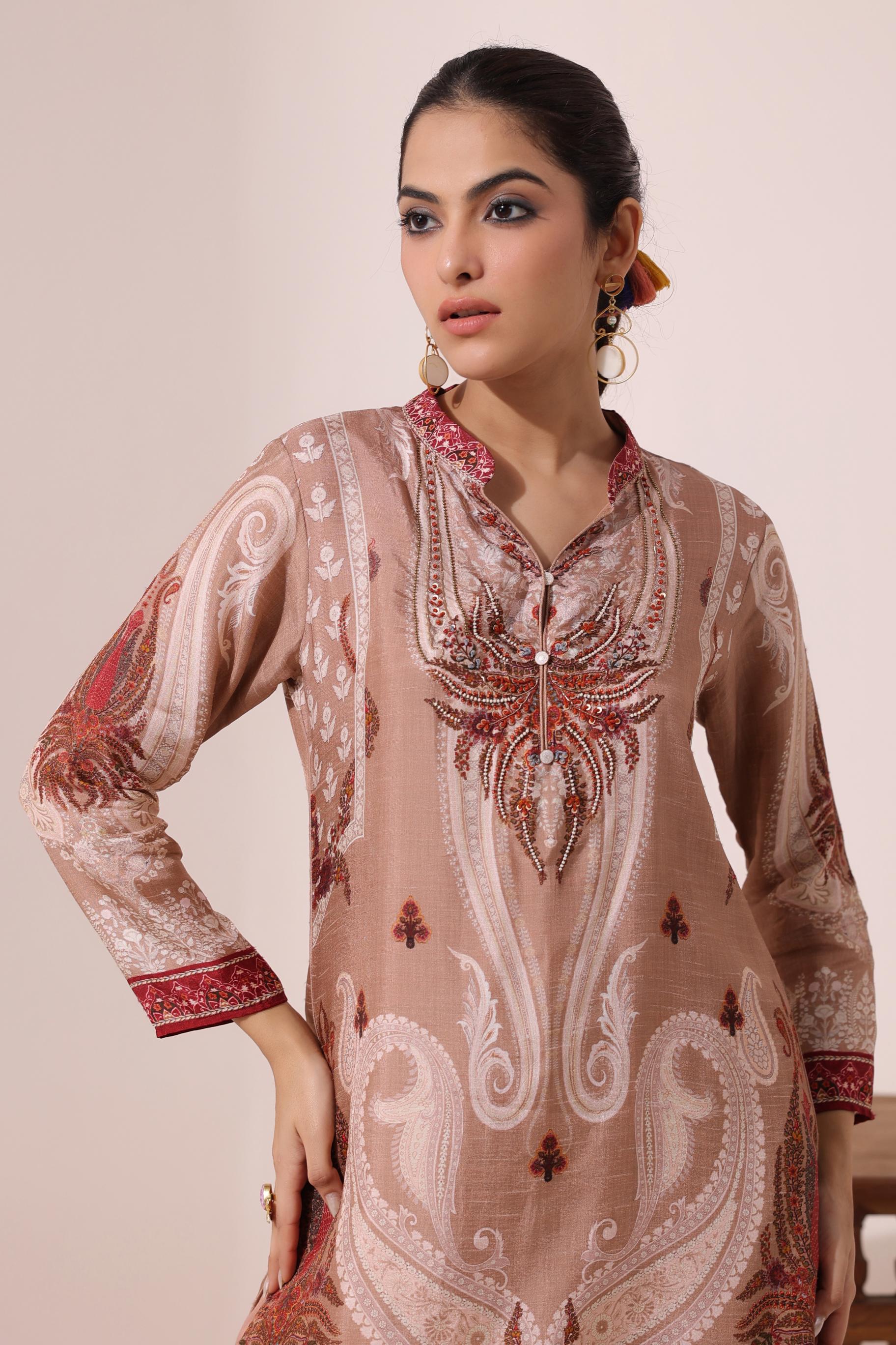 Nude Brown Traditional Printed Dola Silk Patiala Salwar Set