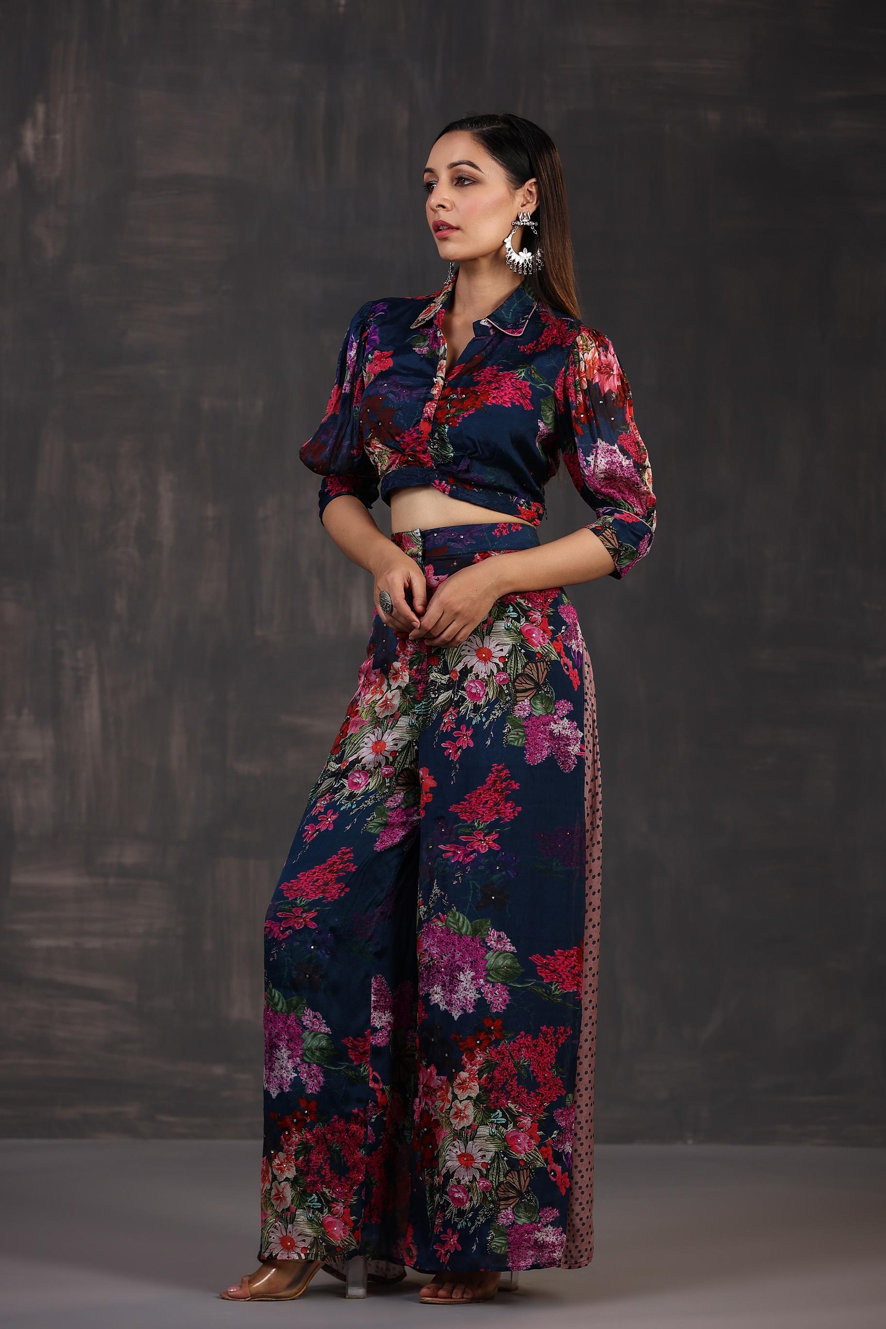Deep Blue Floral Printed Chinon Silk Co-Ord Set