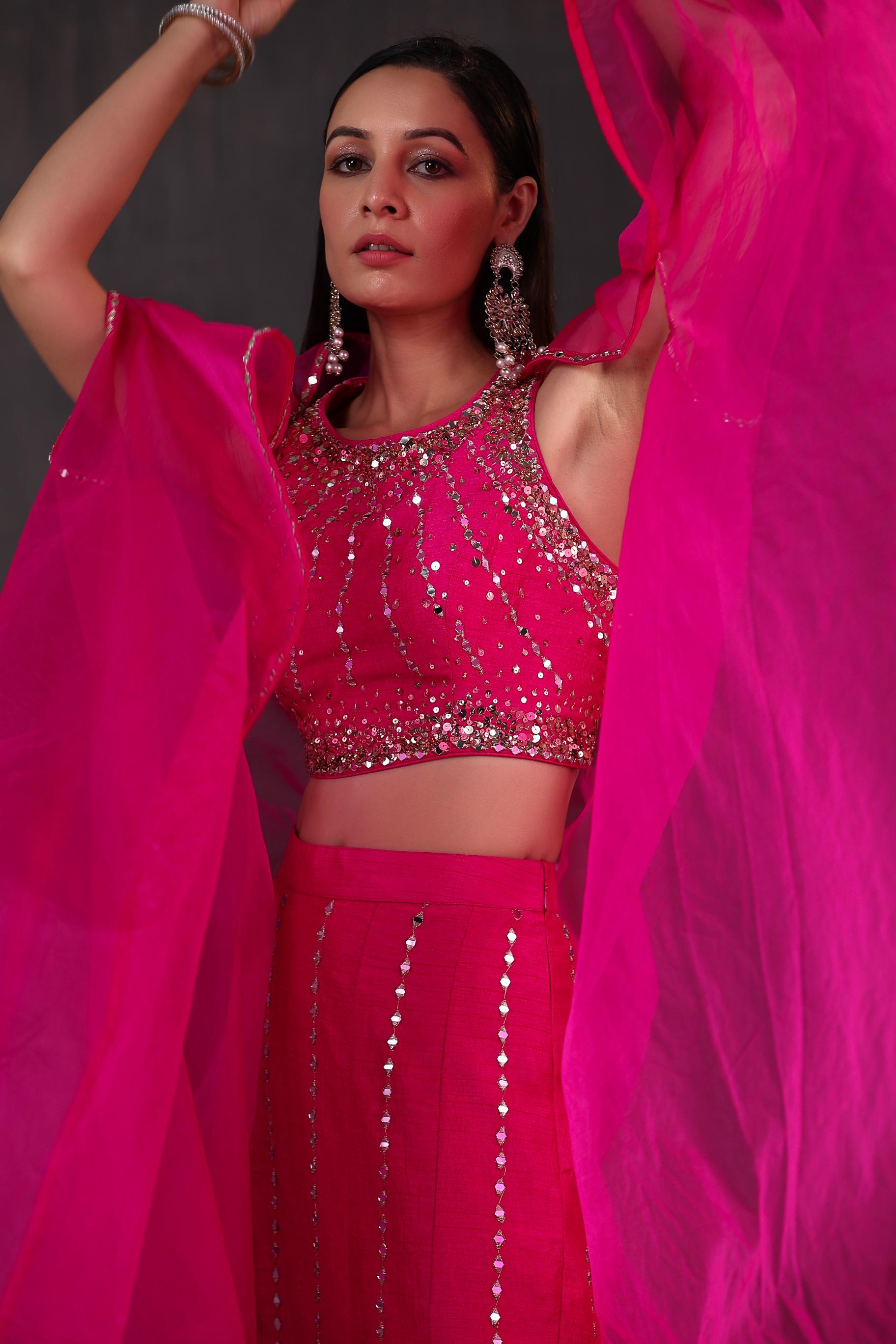 Rani Pink Embellished Premium Organza Silk Cape Set