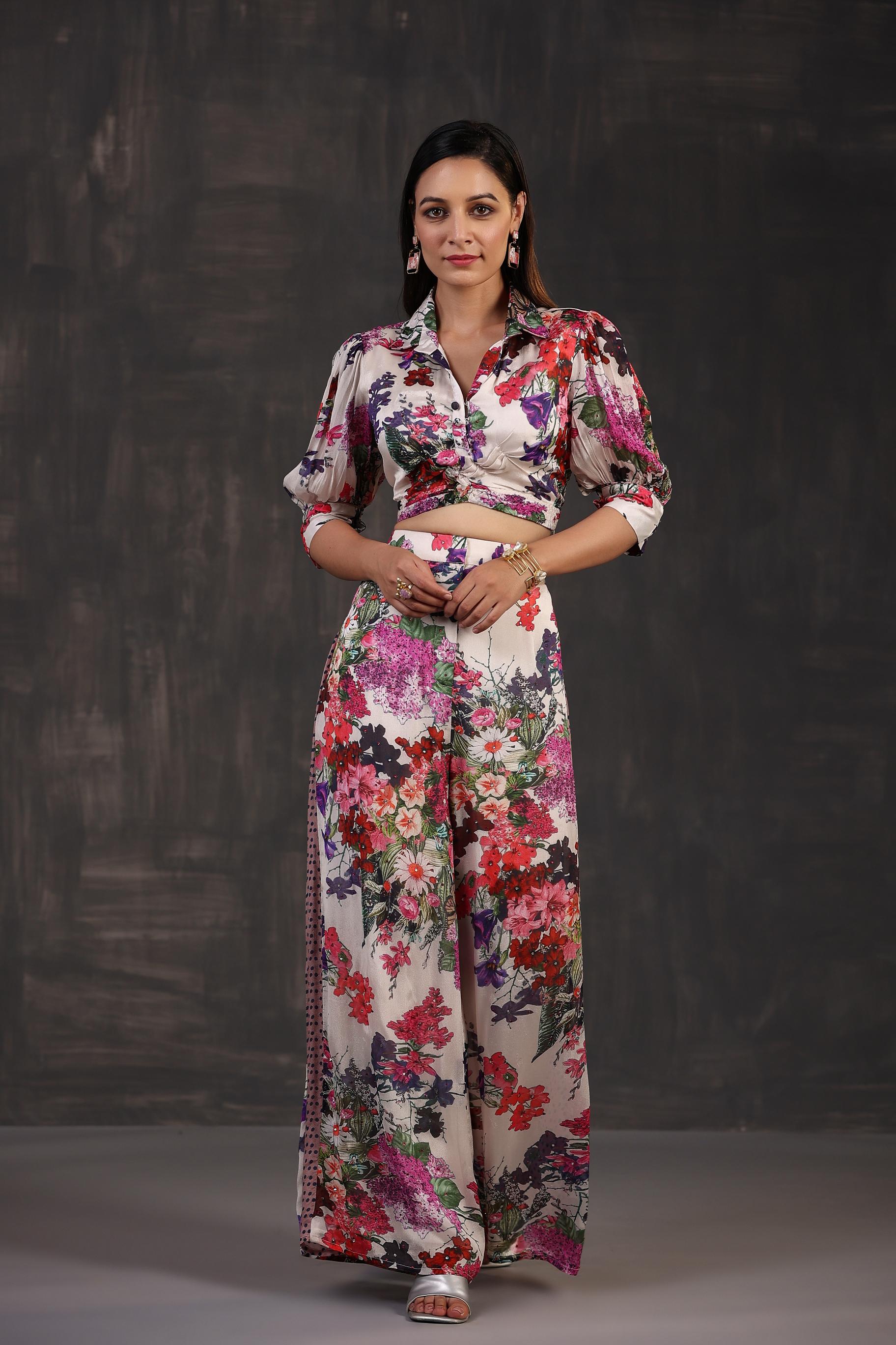 Ivory Floral Printed Chinon Silk Co-Ord Set