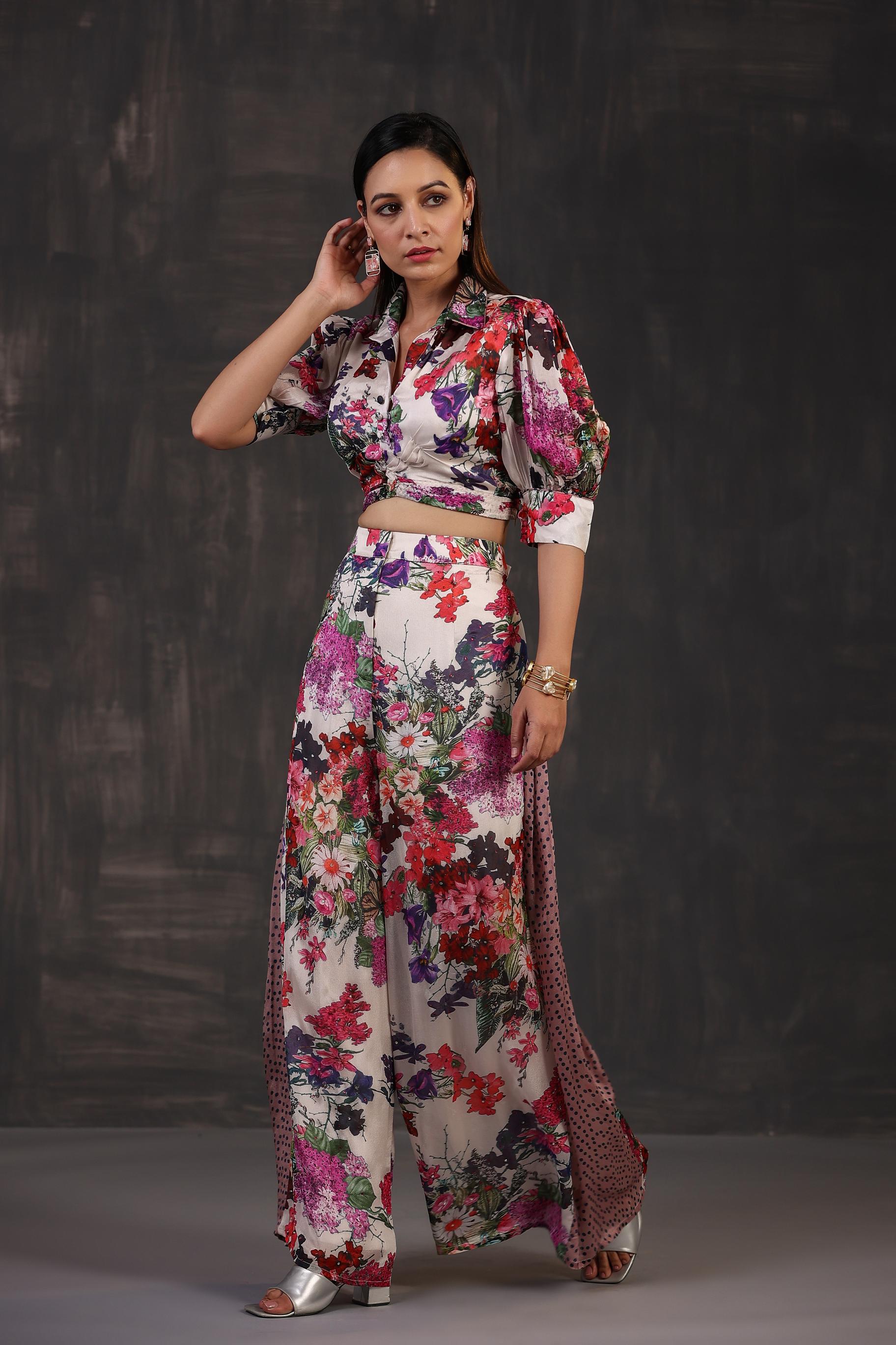 Ivory Floral Printed Chinon Silk Co-Ord Set