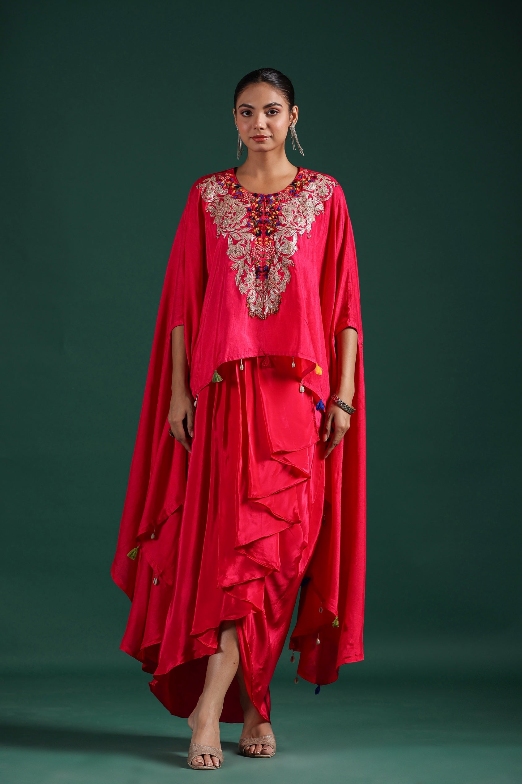 Reddish Pink Embroidered Raw Silk Draped Skirt Set