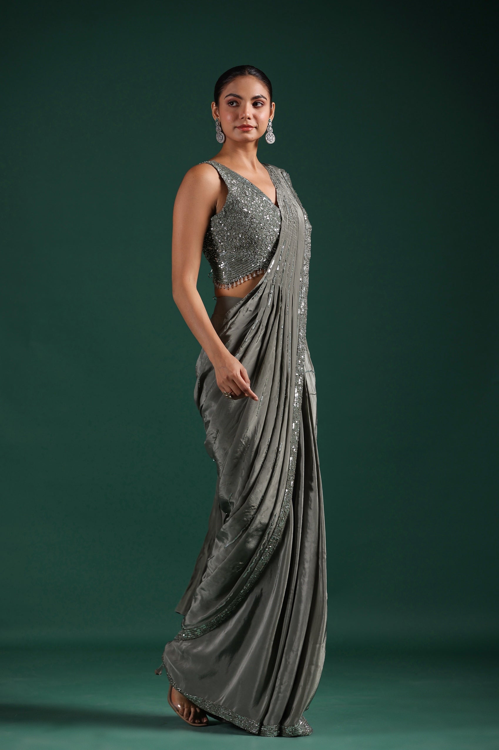 Silver Embellished Mulberry Silk Draped Saree