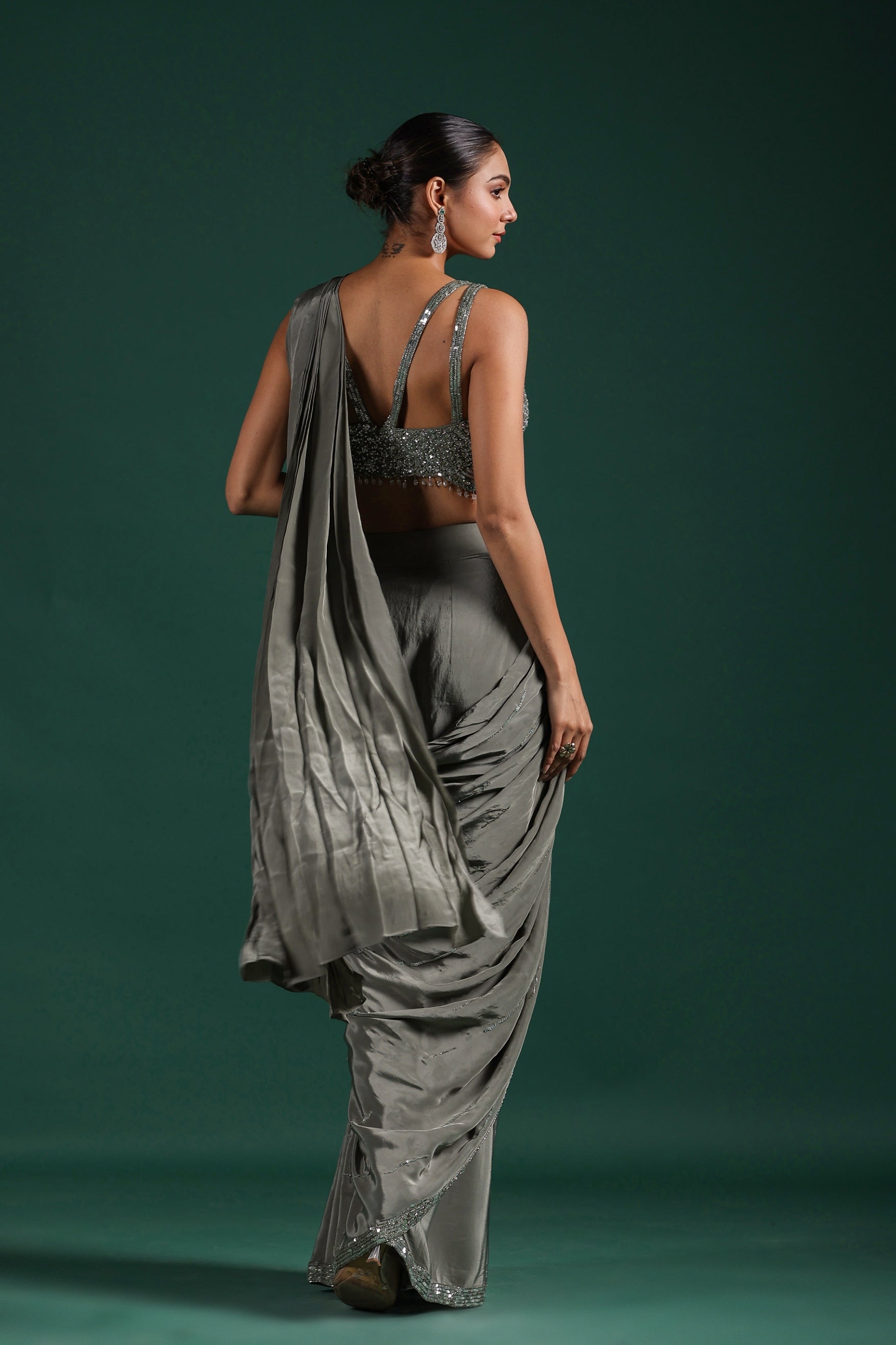Silver Embellished Mulberry Silk Draped Saree