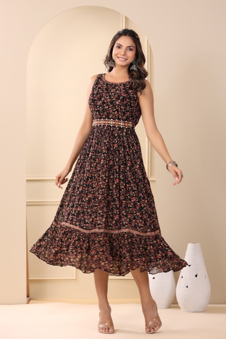 Black floral cheap silk dress