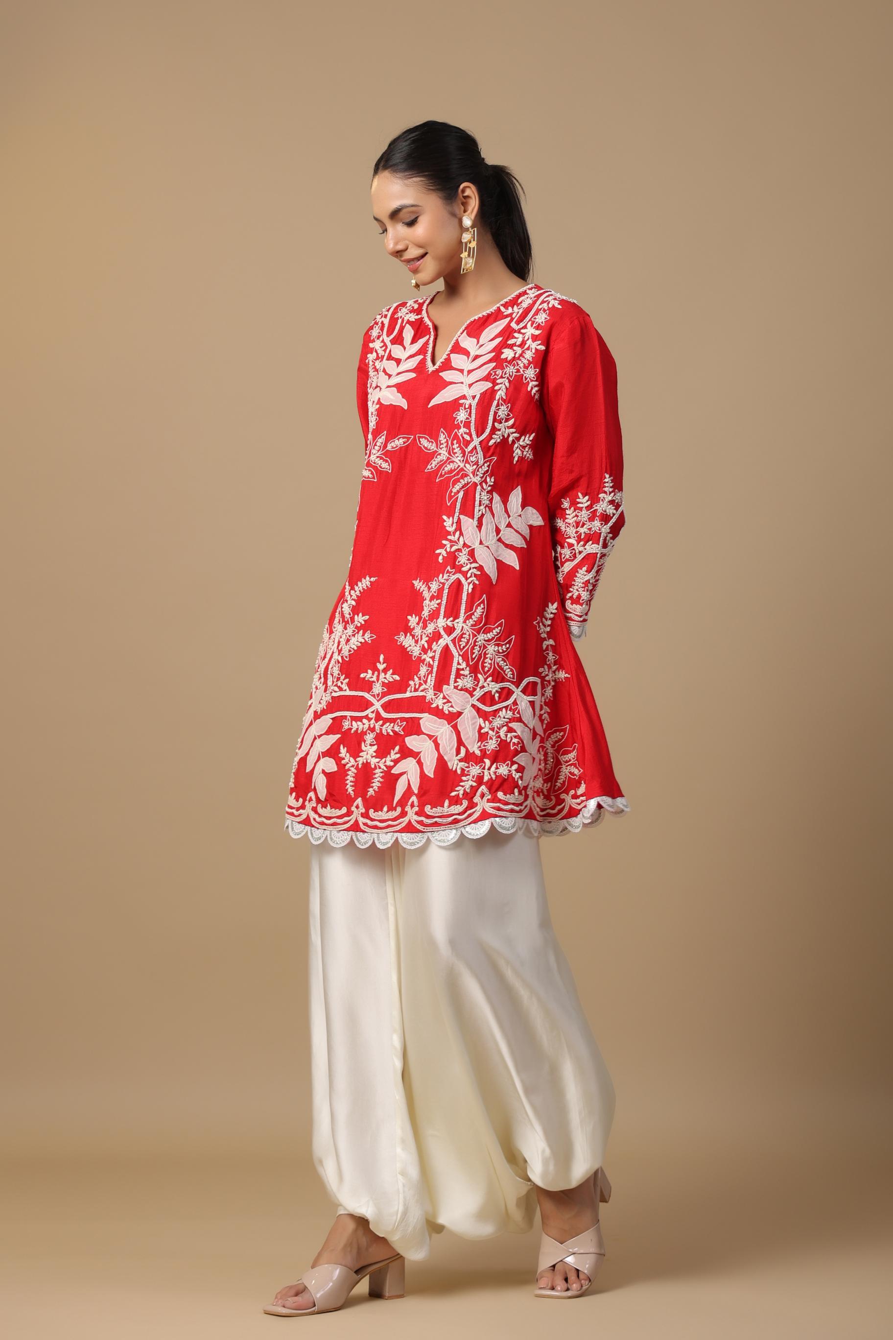 Red Embroidered Raw Silk Tunic & Afghani Pants Set