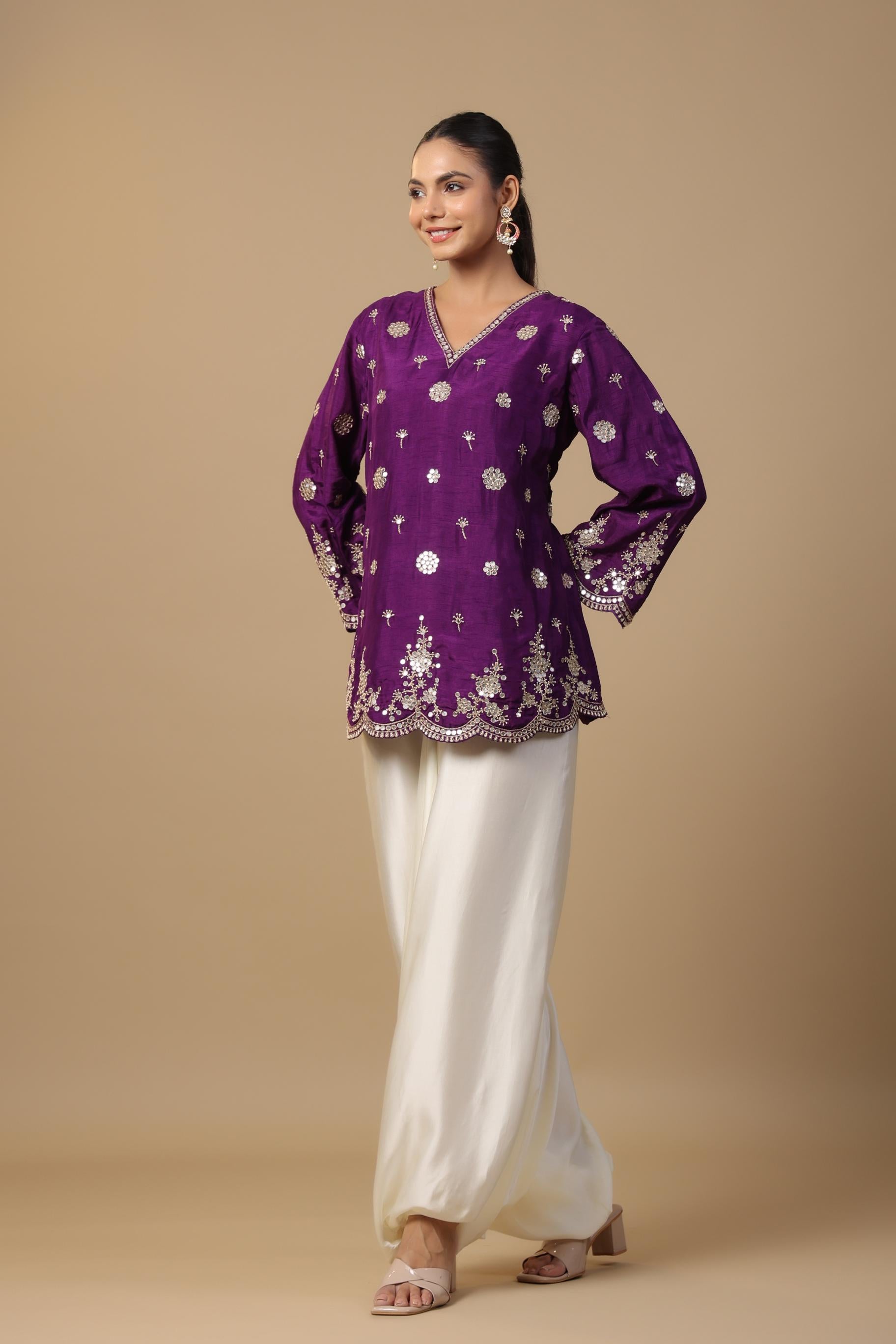 Purple Embellished Satin Silk Tunic & Afghani Pants Set