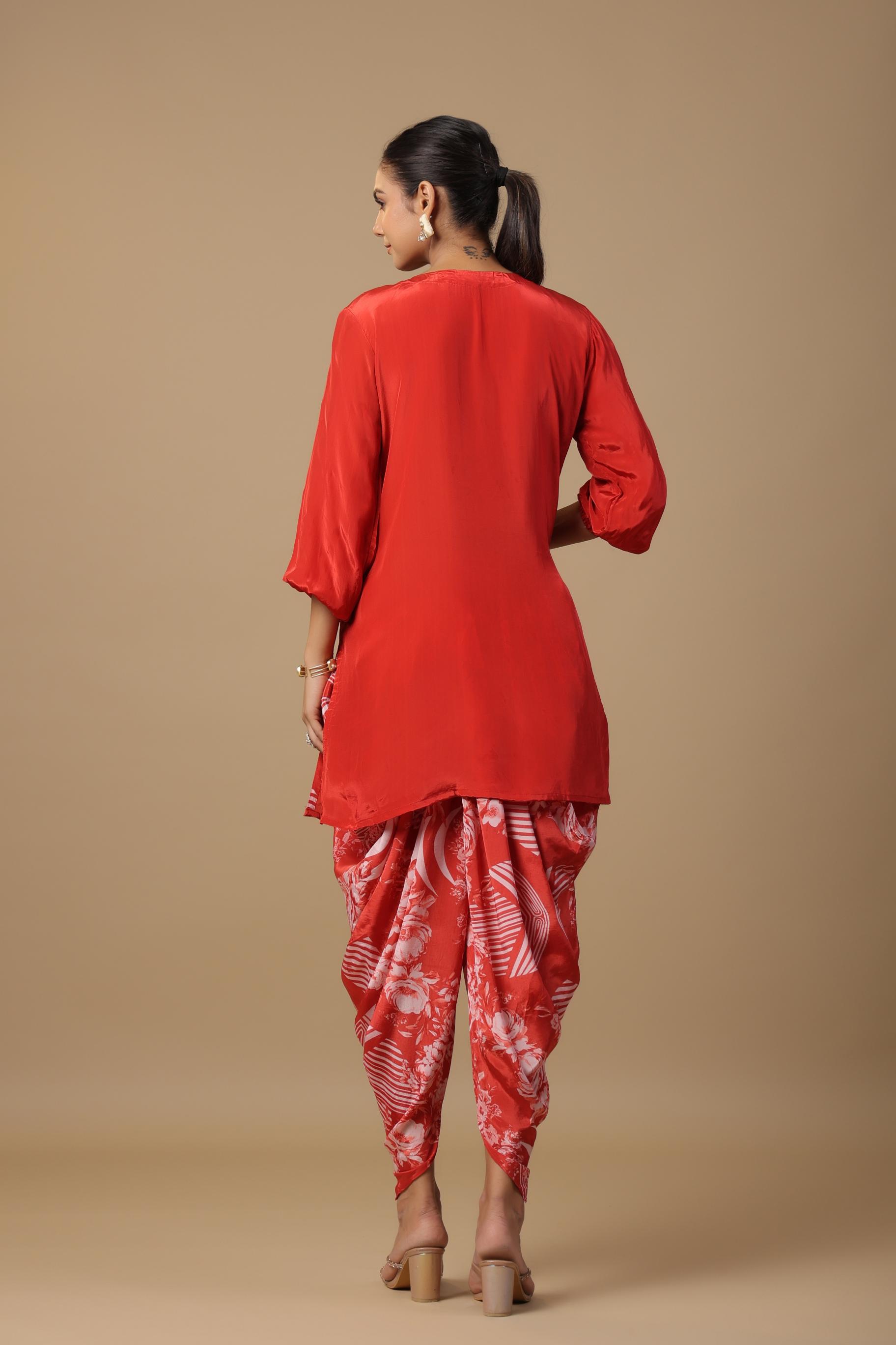 Red Floral Embroidered Habutai Silk Co-Ord Set