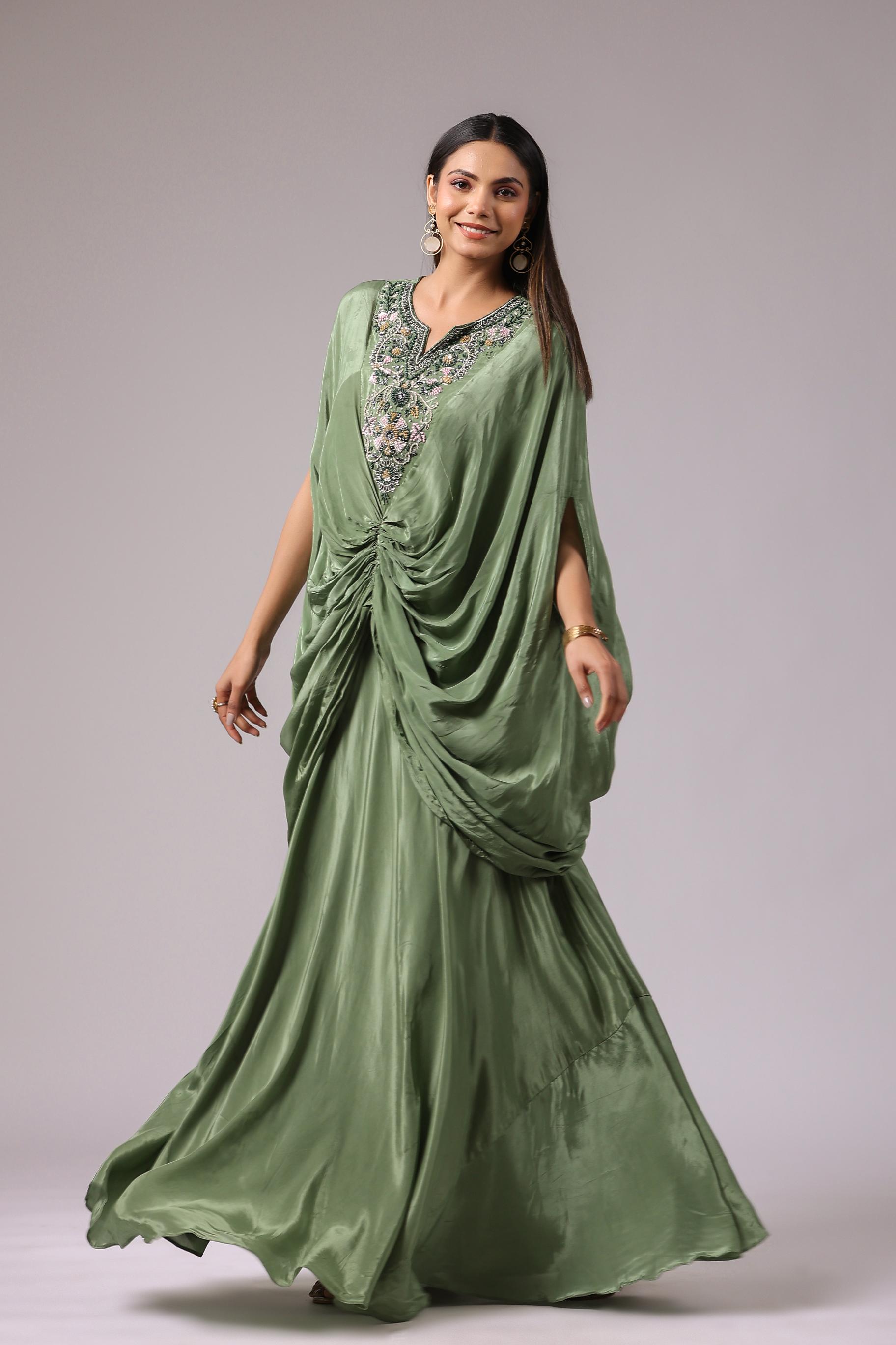Fern Green Embroidered Crepe Silk Draped Gown