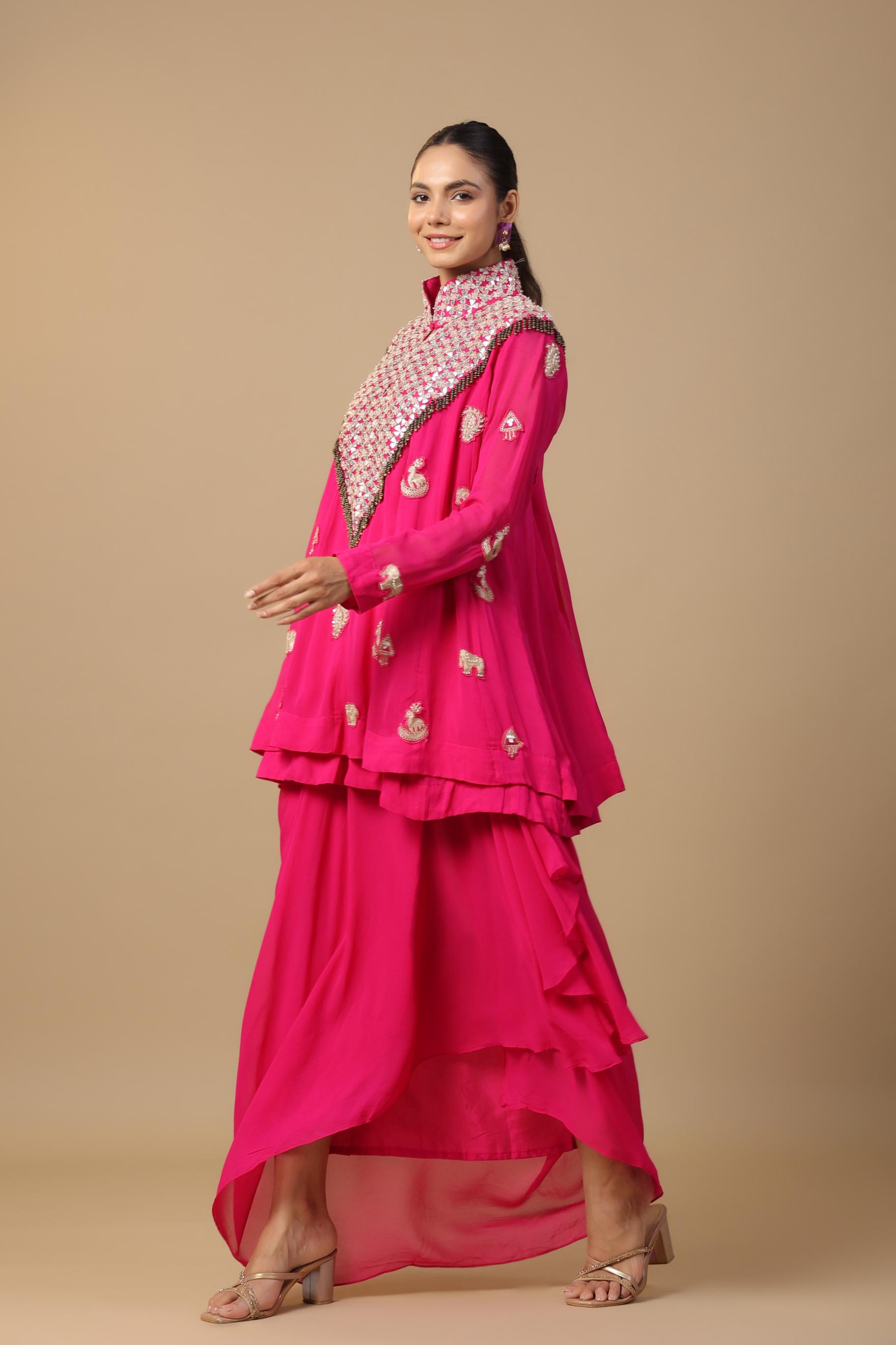 Rani Pink Embellished Premium Georgette Silk Skirt Set
