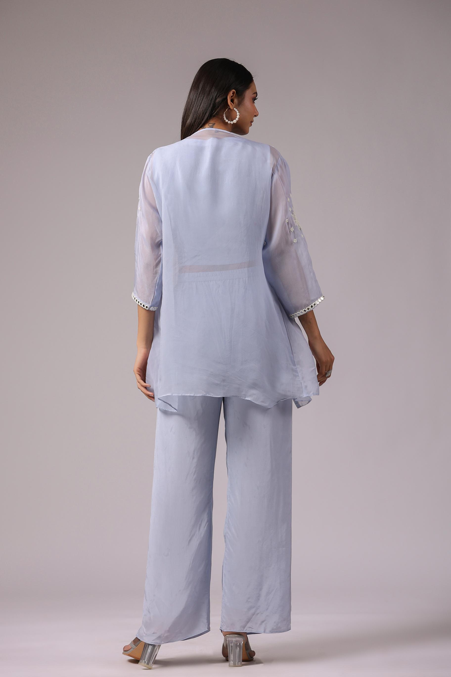 Powder Blue Embroidered Premium Organza Silk Jacket Co-Ord Set