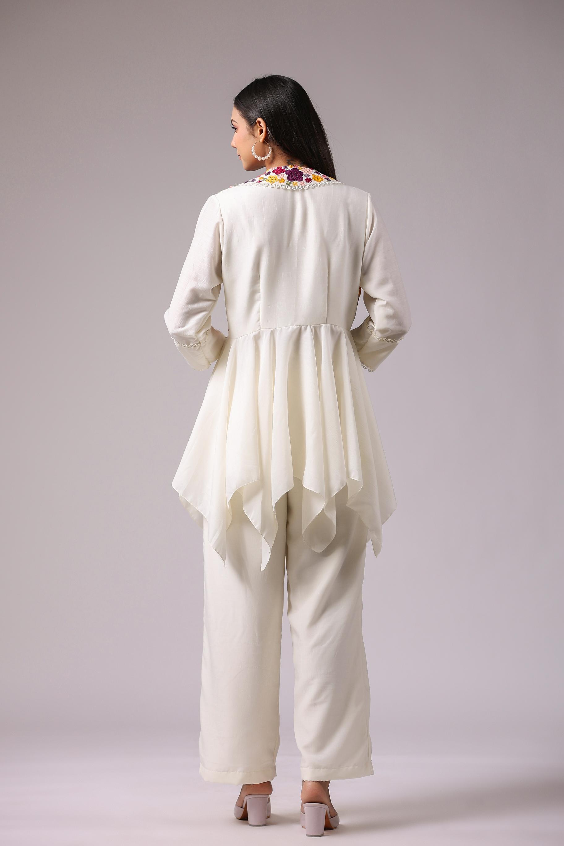 Pearl White Floral Embroidered Raw Silk Co-Ord Set