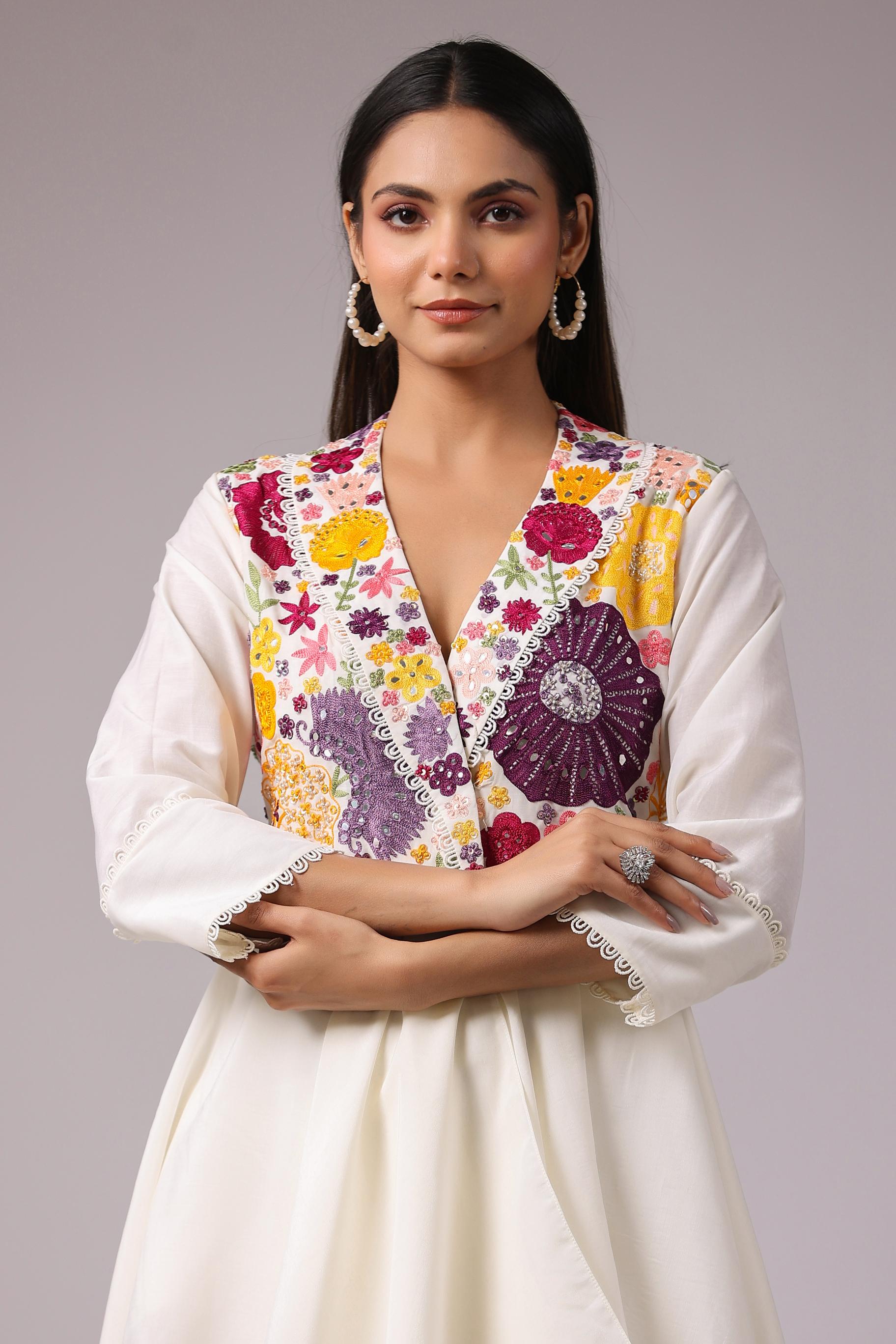 Pearl White Floral Embroidered Raw Silk Co-Ord Set