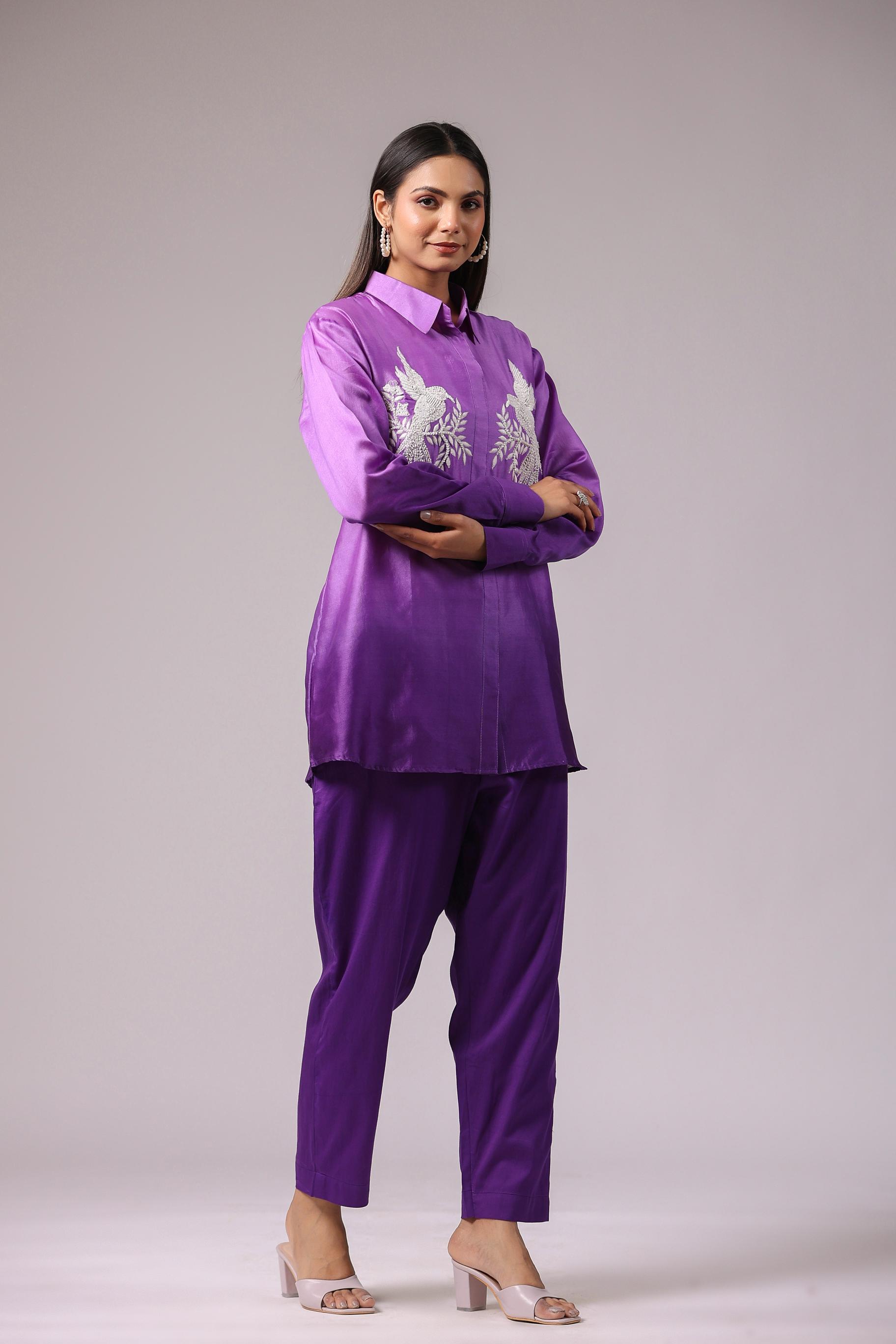 Bright Lilac Embroidered Modal Tussar Silk Co-Ord Set