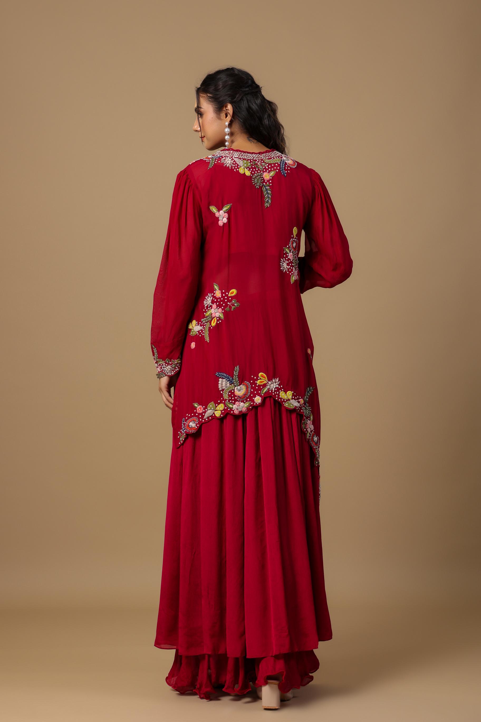 Cerise Pink Embroidered Premium Organza Silk Tunic & Palazzo Set