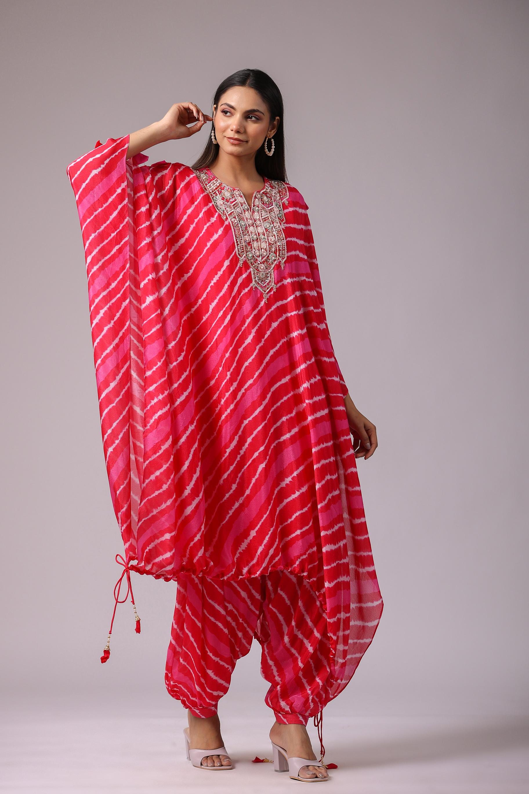 Rouge Pink Leheriya Printed Chinon Silk Kaftan & Salwar Set