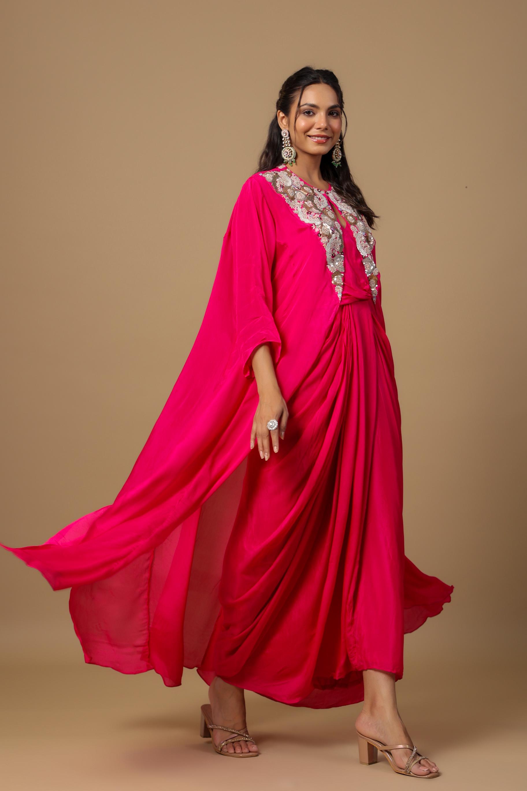 Rani Pink Embellished Premium Chinon Silk Cape Gown