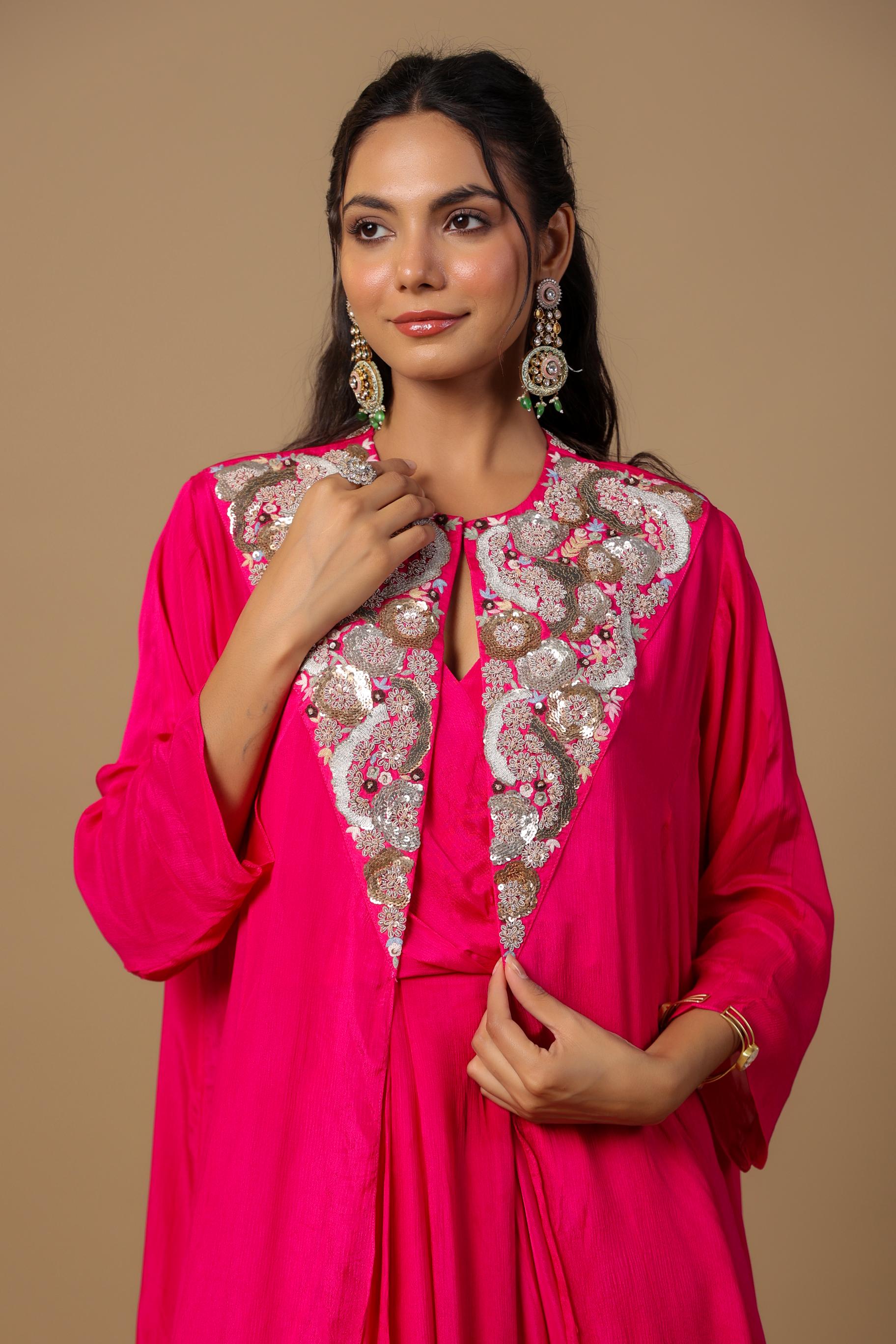 Rani Pink Embellished Premium Chinon Silk Cape Gown