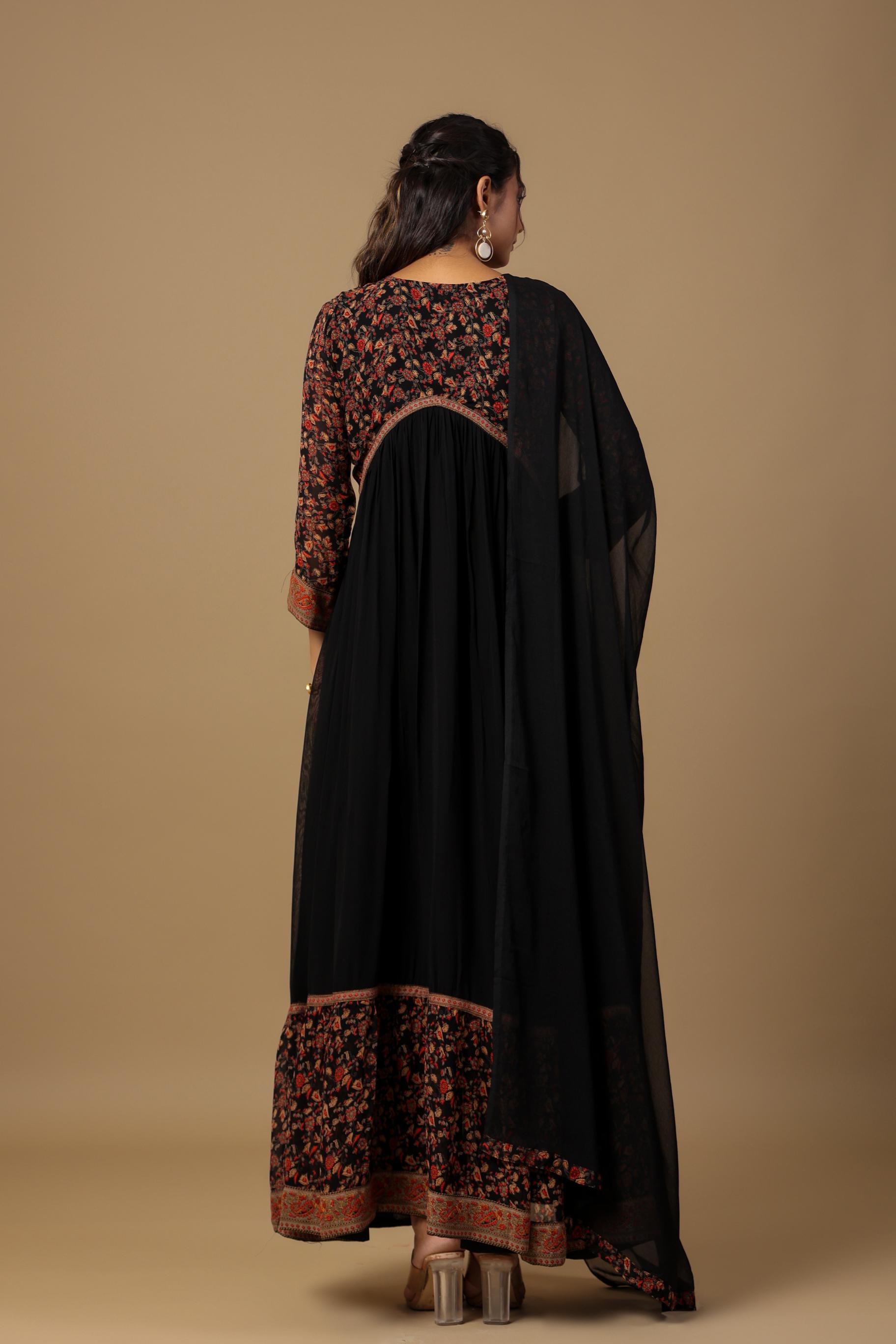 Black Traditional Printed Premium Georgette Silk Anarkali Set