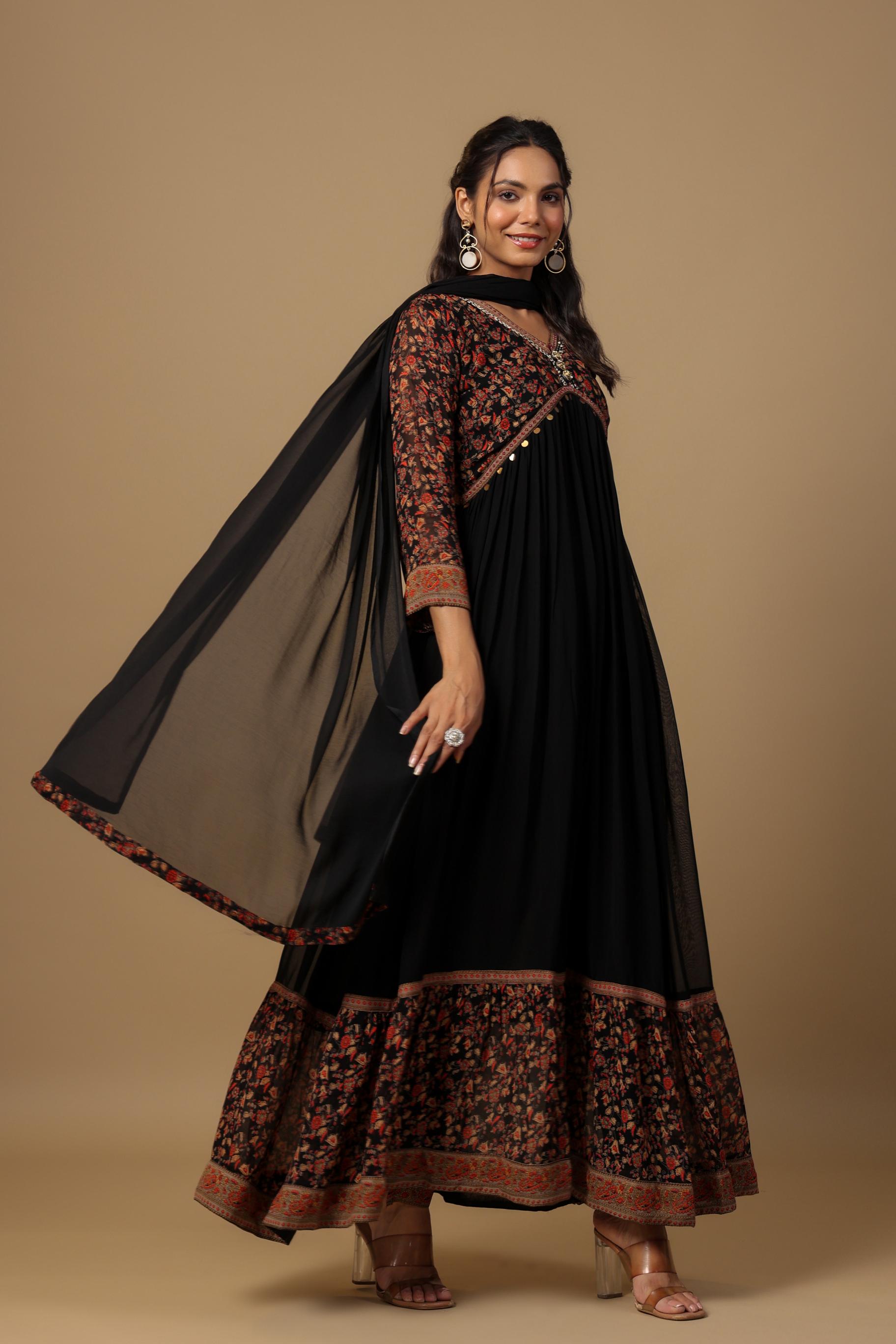Black Traditional Printed Premium Georgette Silk Anarkali Set