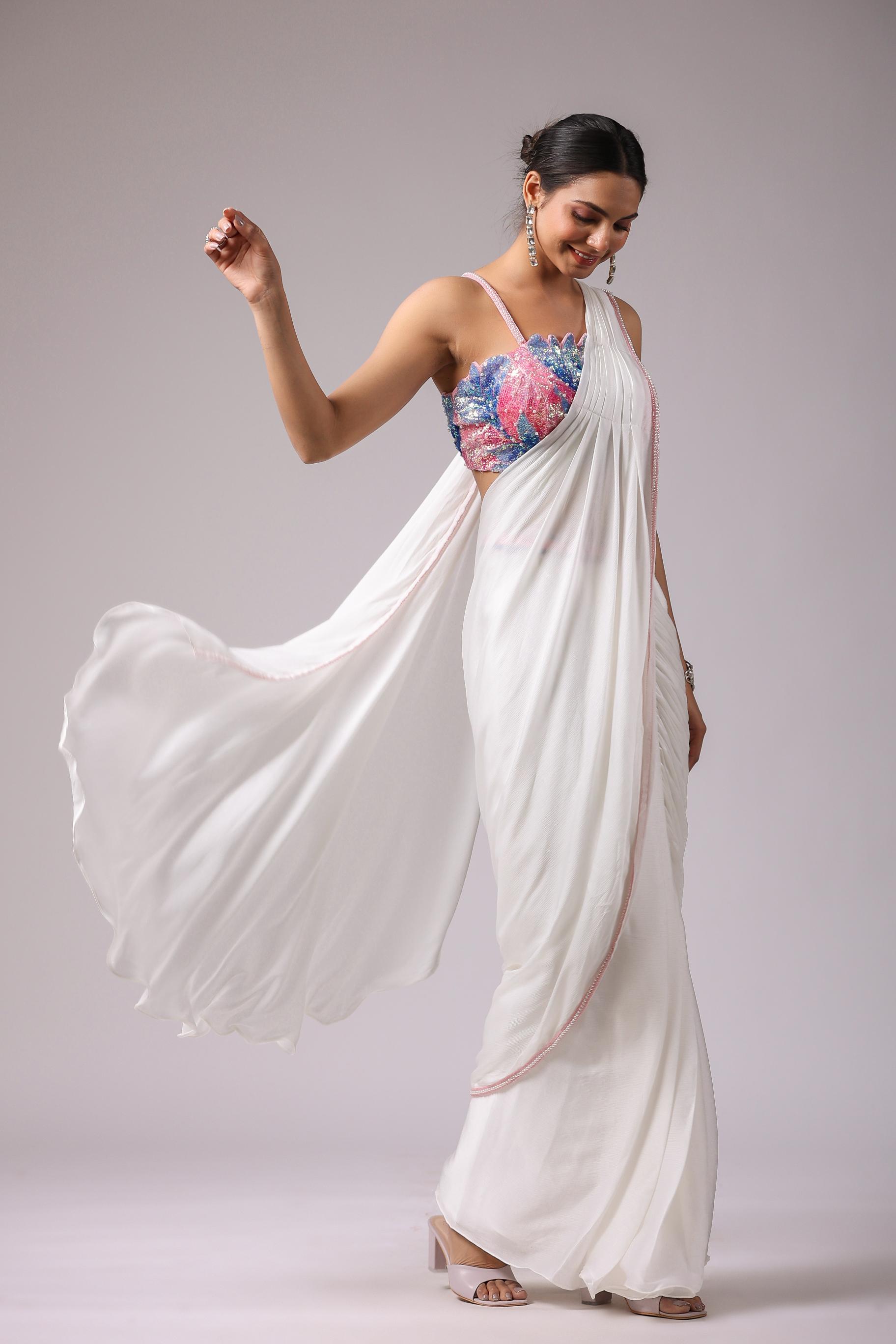 White Embellished Premium Chinon Silk Draped Saree