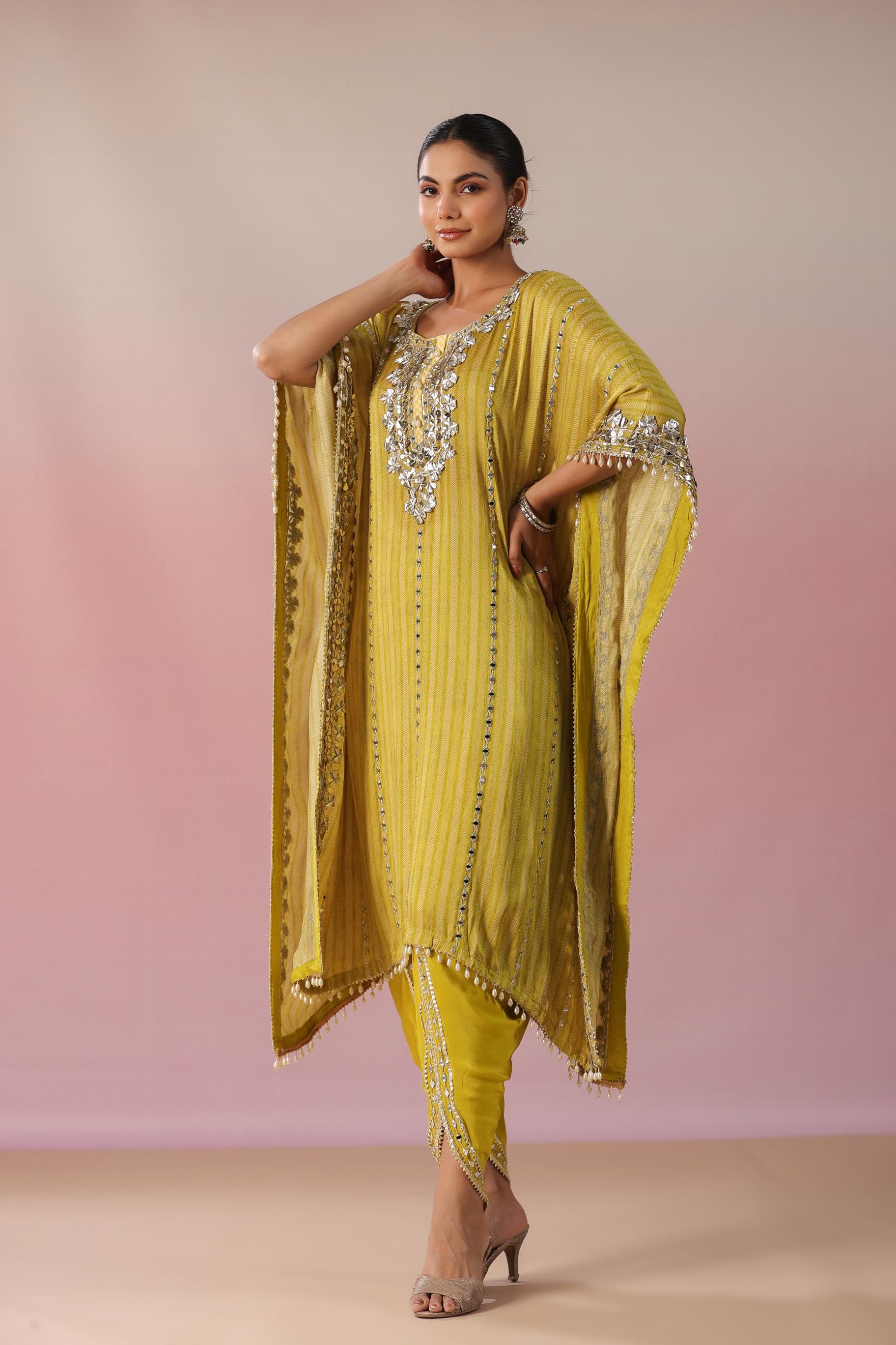Corn Yellow Embellished Premium Silk Kaftan Dhoti Set