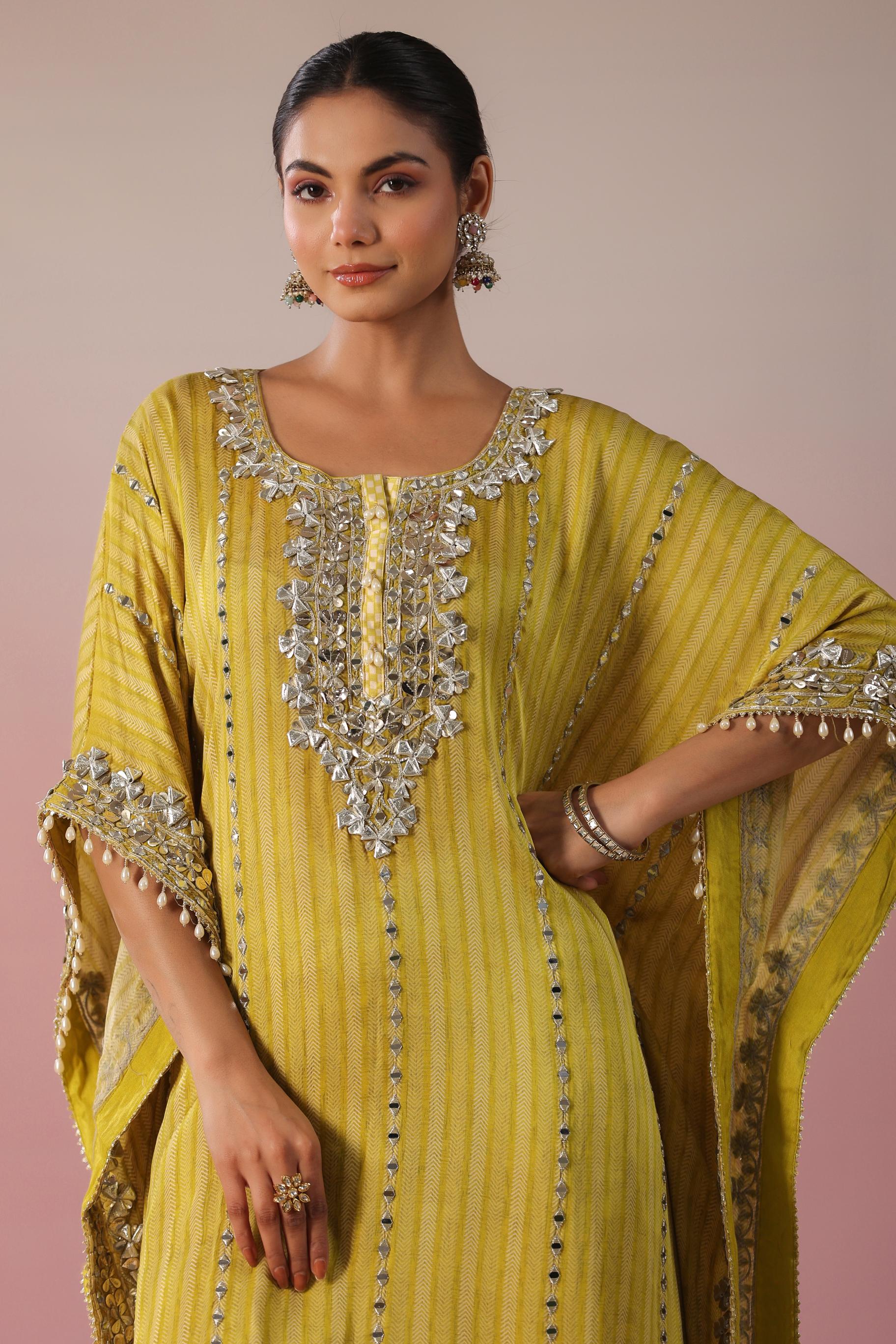 Corn Yellow Embellished Premium Silk Kaftan Dhoti Set