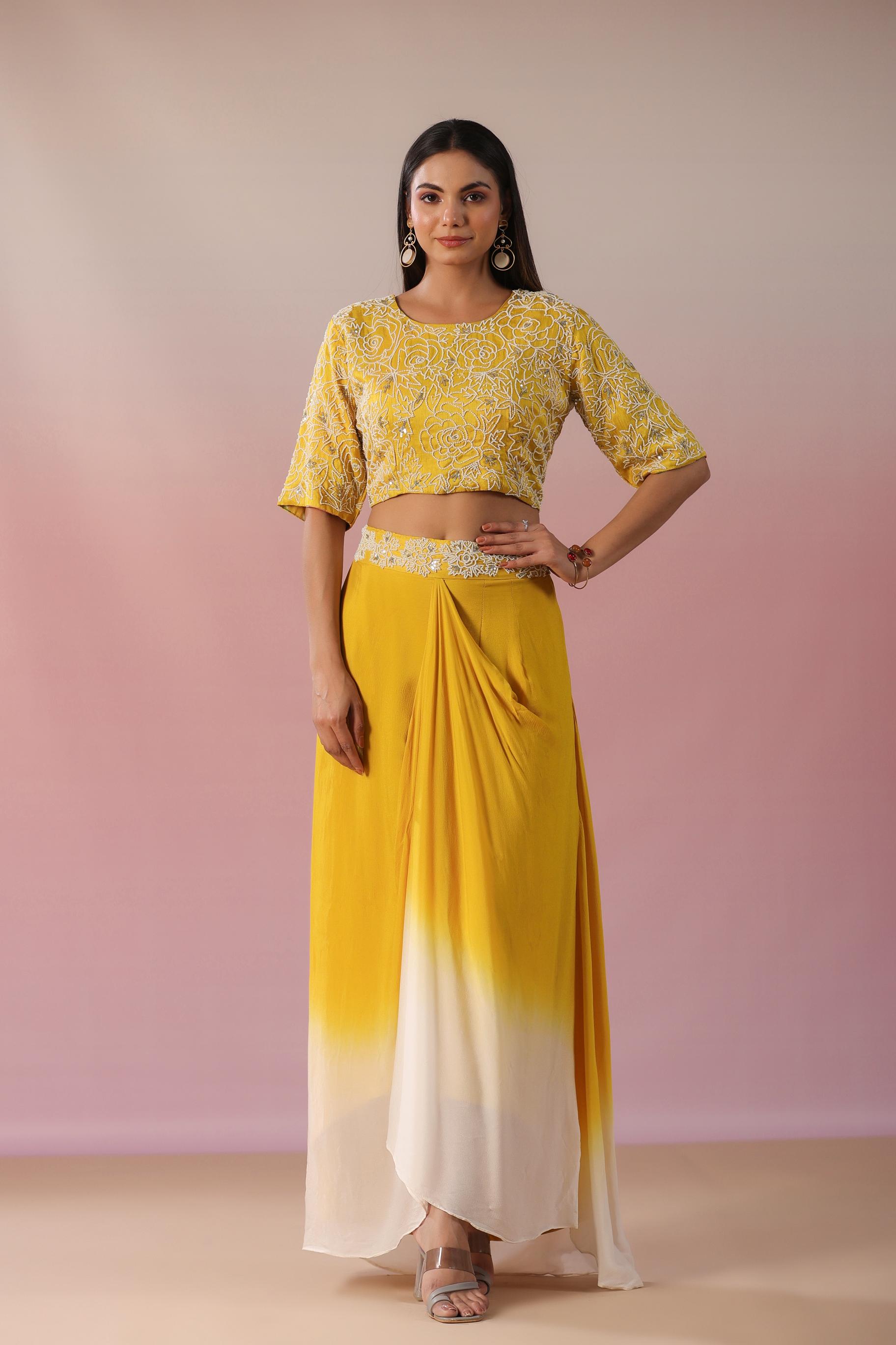 Bright Yellow Embroidered Premium Silk Skirt Set