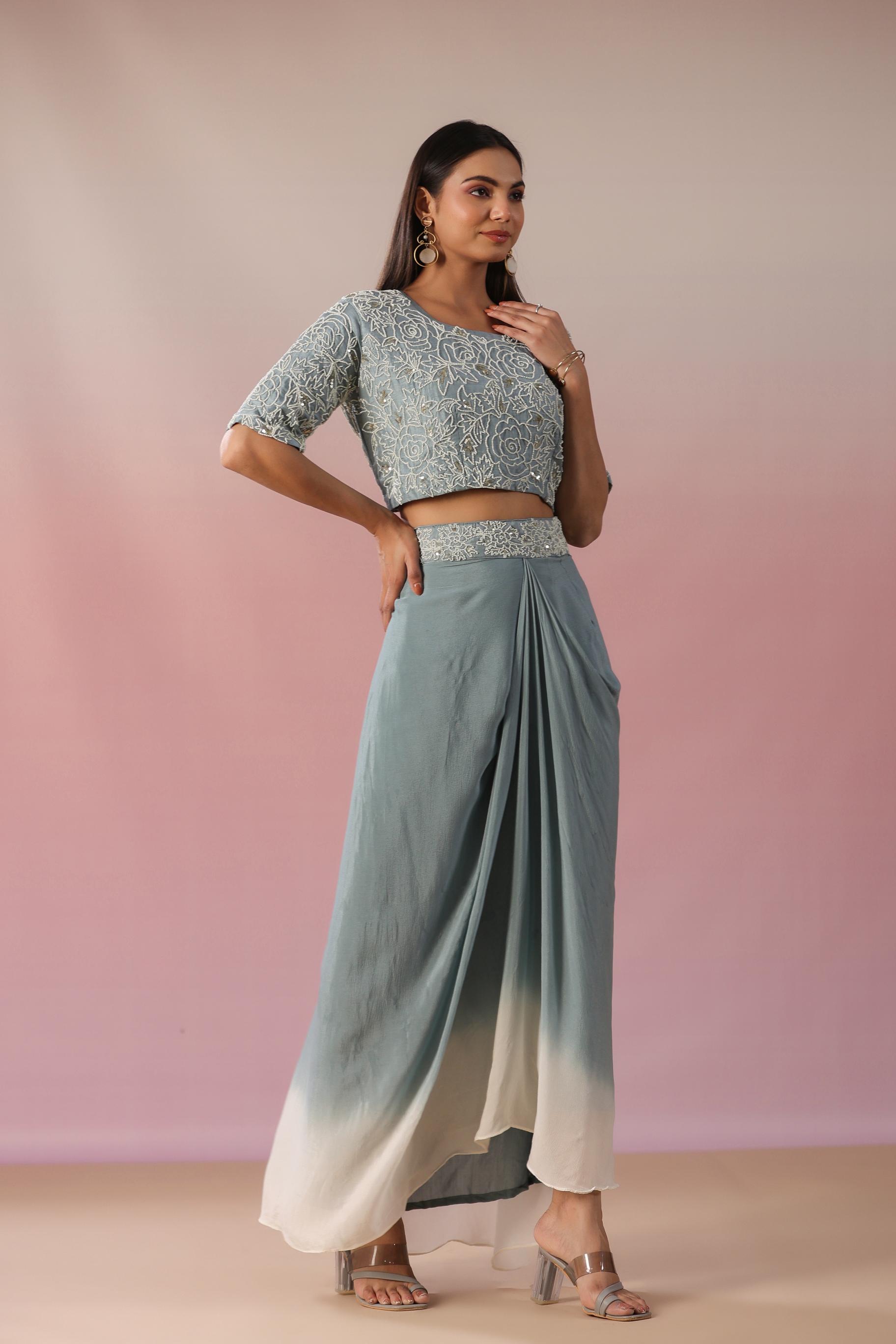 Stone Blue Embroidered Premium Silk Skirt Set