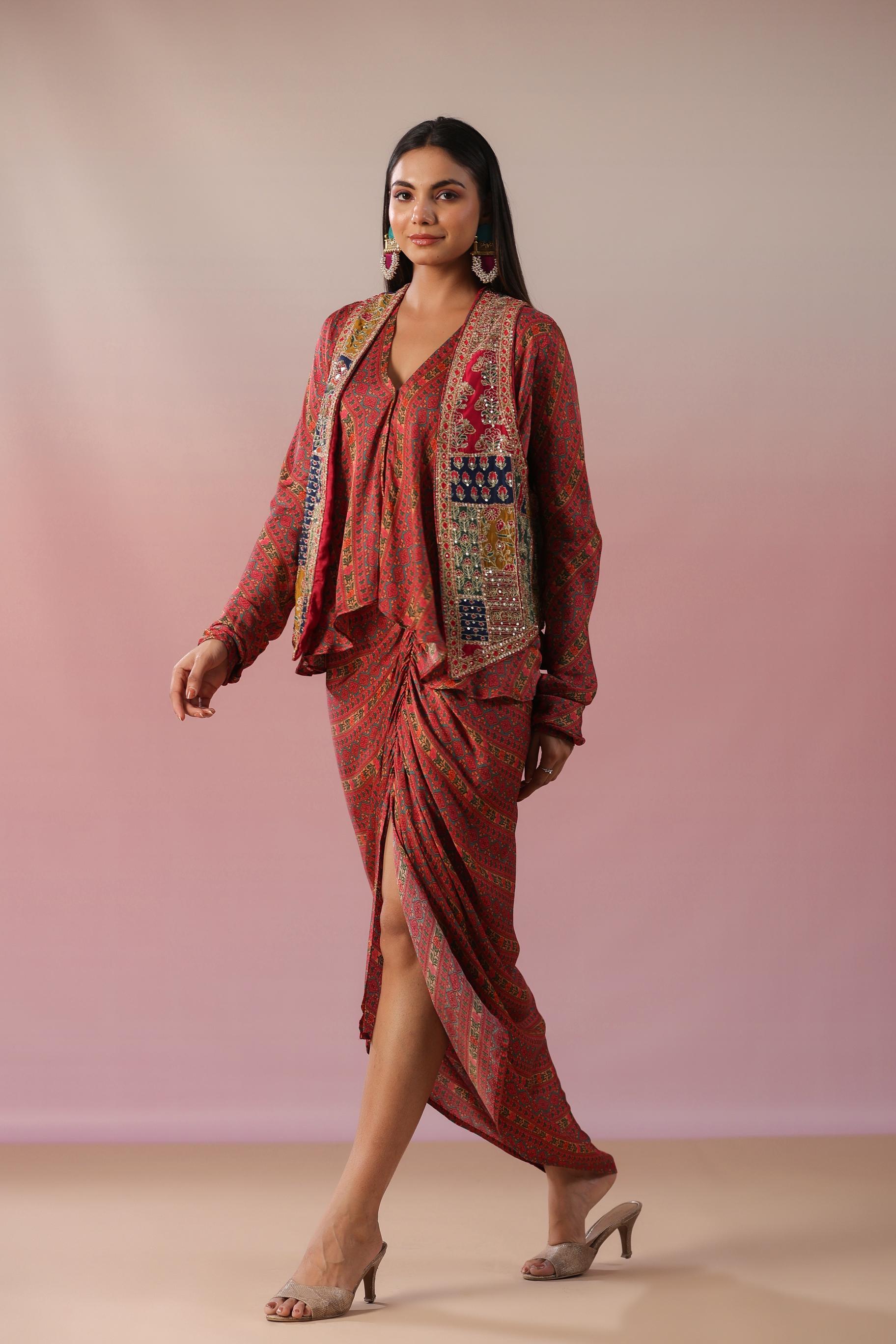 Multicolor Ethnic Printed Premium Silk Skirt Set
