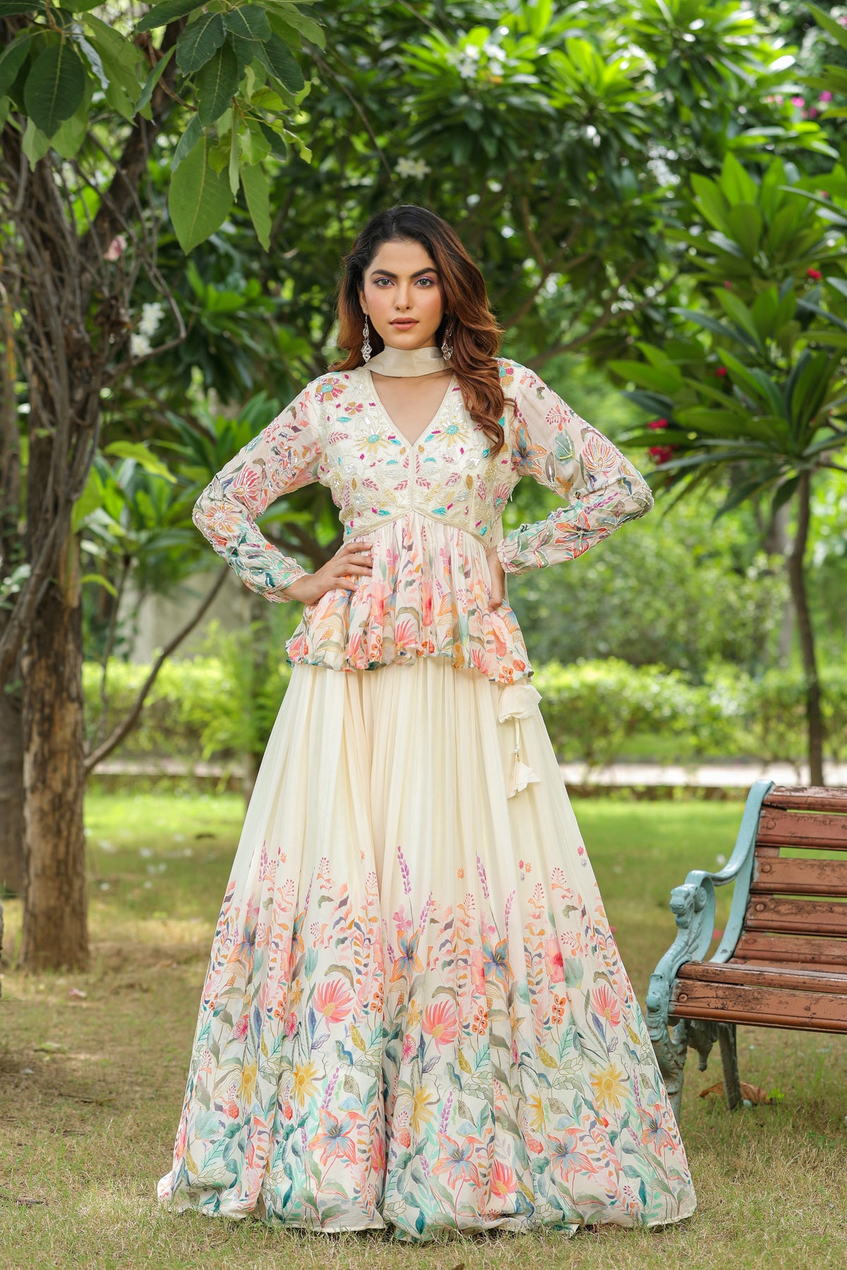 Ivory Floral Embellished Peplum Lehenga Set